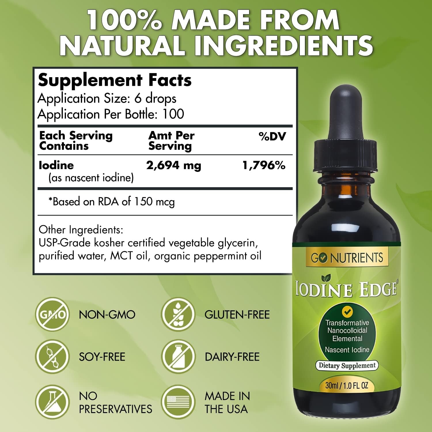 Go Nutrients Nascent Iodine Supplement - High Potency Liquid Drops - Non-GMO, Gluten-Free Iodine Edge Supplement - 30 ml (1.0 fl oz)