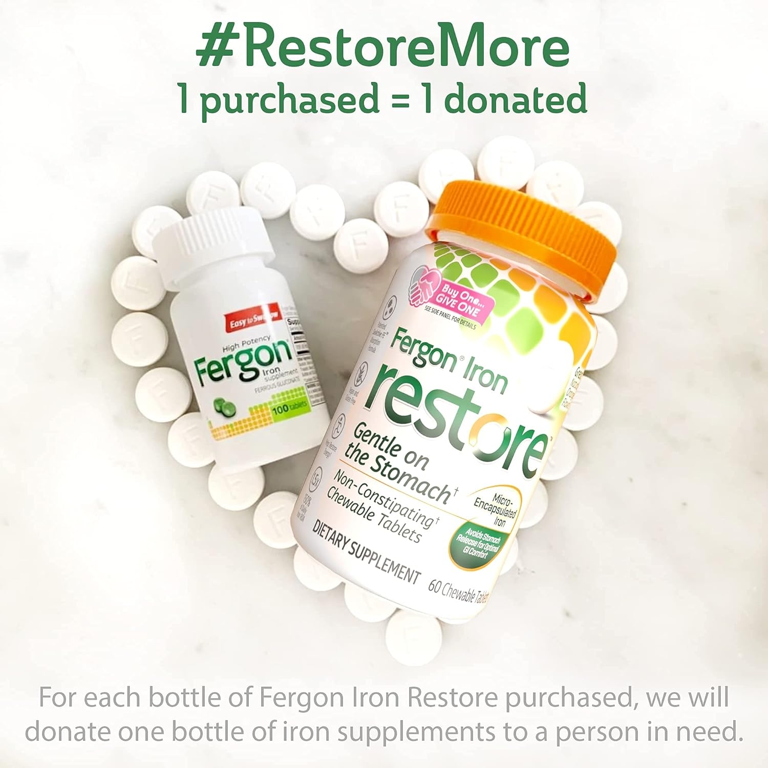 Fergon Iron Restore Chewable Tablets | 27mg of Iron, 150% RDV | Gentle Iron Supplement | Vegan | No Metallic Aftertaste | Replenish Iron Levels to Help Fight Fatigue and Boost Energy | 60 Tablets