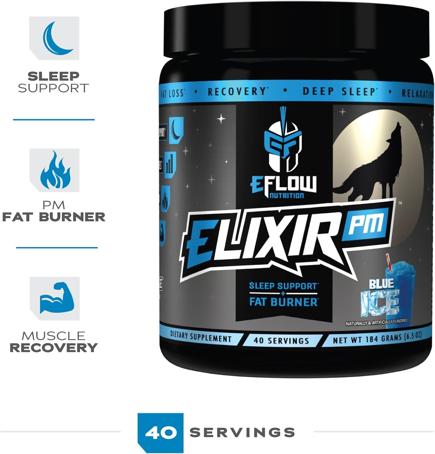 eFlow Nutrition Elixir PM - Night Time Fat Burner and Natural Sleep Support - Appetite Suppressant and Weight Loss Support - Blue Ice (40 Servings)