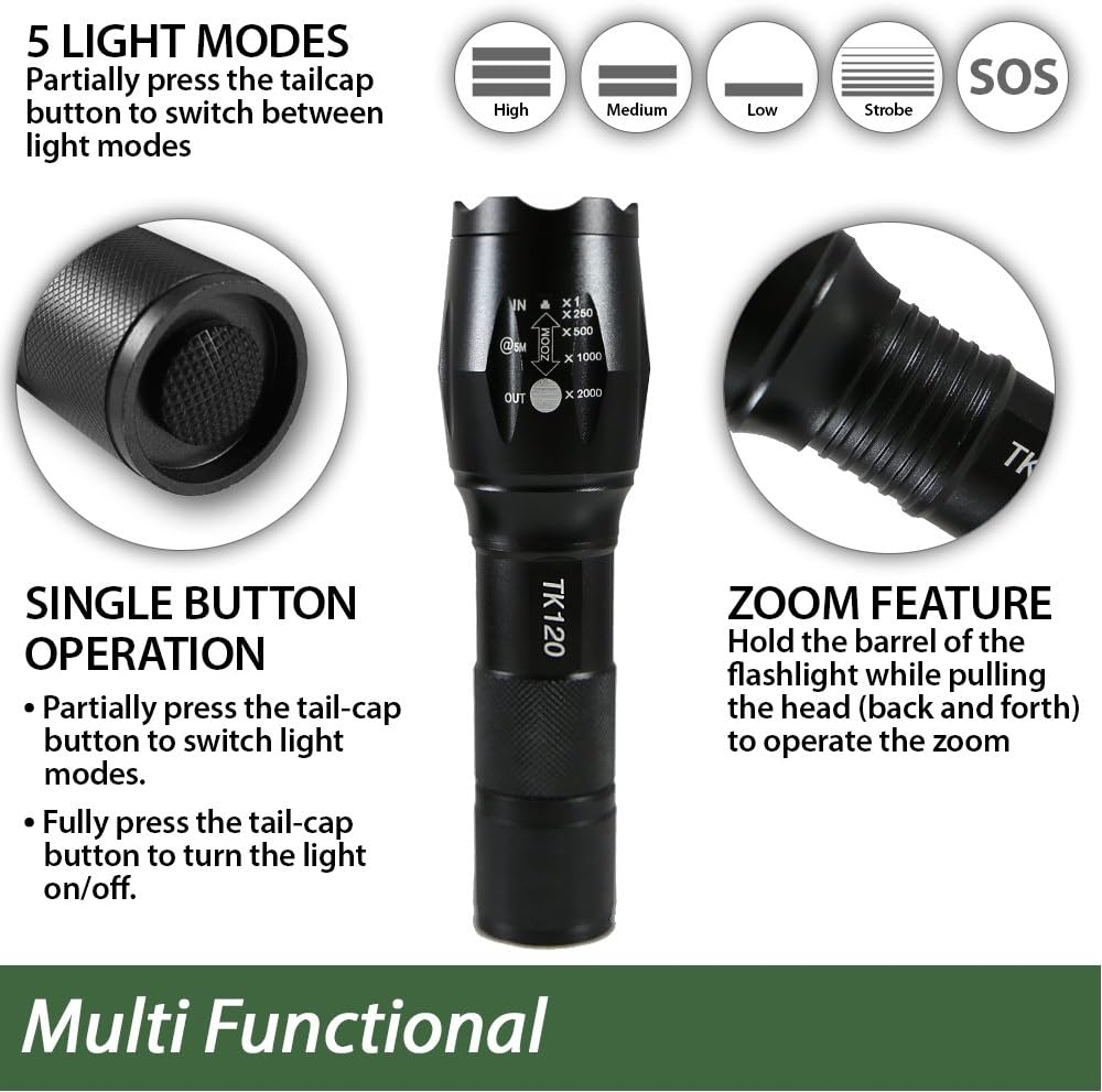 Complete LED Tactical Flashlight Kit - EcoGear FX TK120: High Lumens with 5 Light Modes, Water Resistant, Zoomable - Includes Rechargeable Batteries and Battery Charger