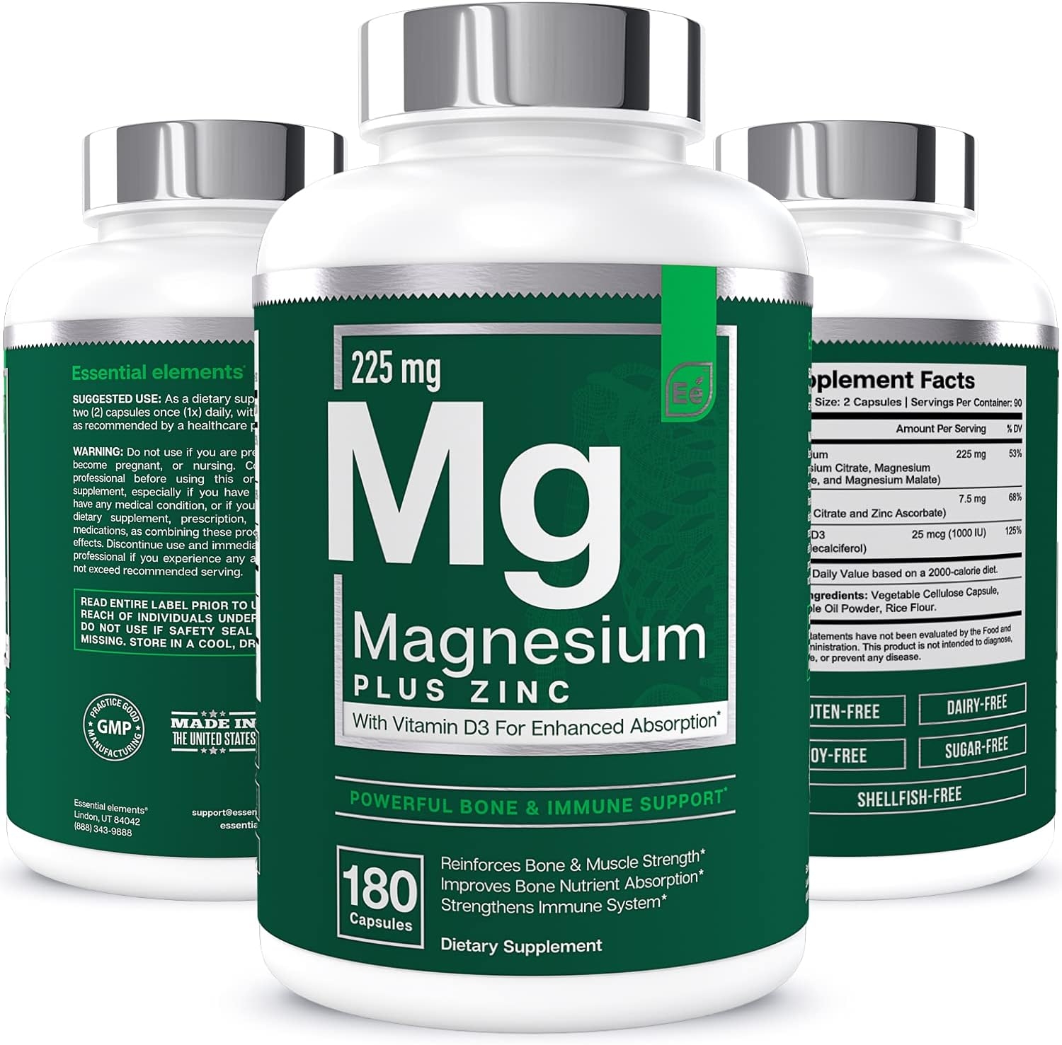 Magnesium + Zinc with Vitamin D3 by Essential Elements - Immune & Bone Support | Magnesium Glycinate, Citrate, Malate - Highly Bioavailable - 3 Month Supply