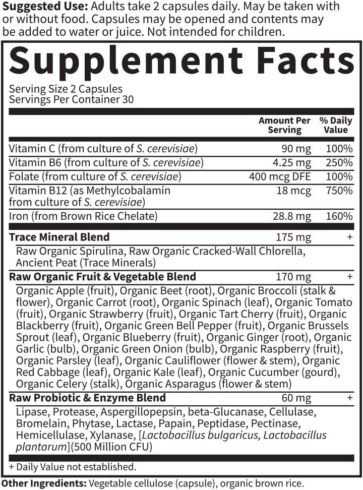 Garden of Life Vitamin Code Iron Supplement, Healthy Blood - 60 Vegan Capsules, 28g Iron, Vitamins B, C, Trace Minerals, Fruit Veggies & Probiotics, Iron Supplements for Women Energy & Anemia Support