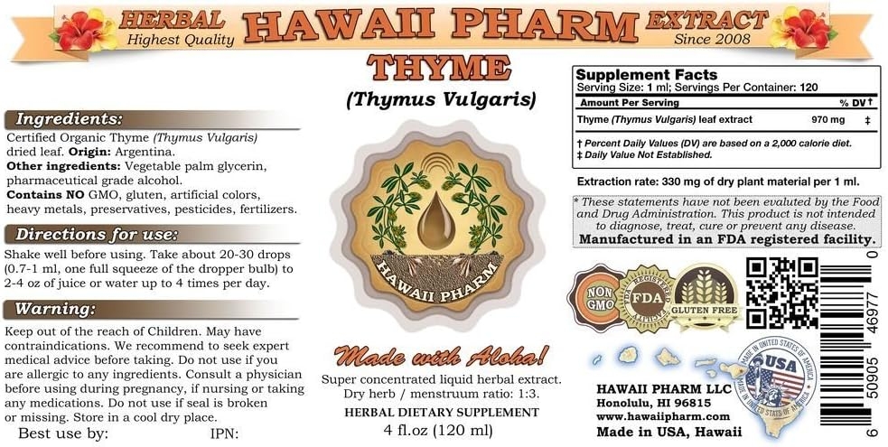 Thyme Liquid Extract, Organic Thyme (Thymus Vulgaris) Tincture, Herbal Supplement, Hawaii Pharm, Made in USA, 2 fl.oz