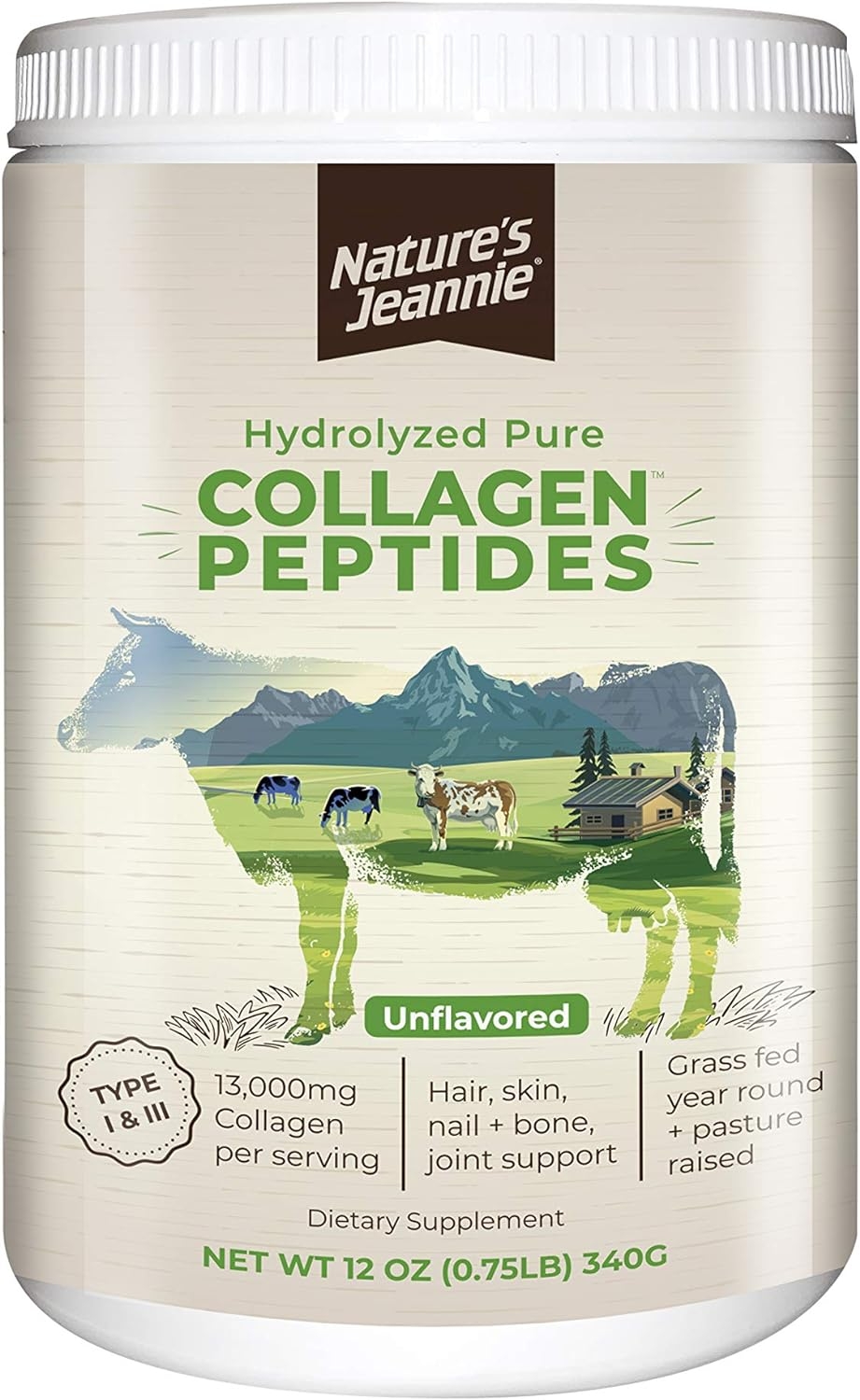 Nature's Jeannie Hydrolyzed Pure Collagen Peptides, Type I & III, Grass-fed, Paleo-Friendly, Pasture-Raised, Lab Tested, 340 Grams (1 Pack)
