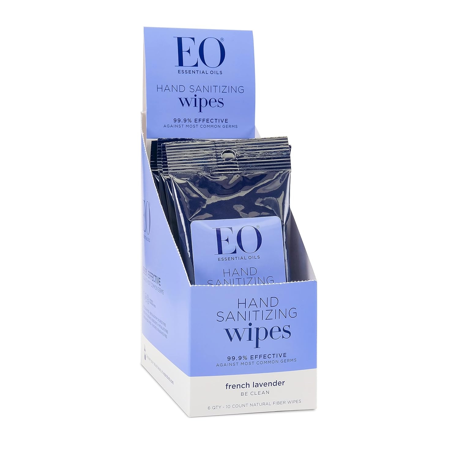 EO Hand Cleansing Wipes, 6 Resealable Packs of 10 Wipes, French Lavender, Biodegradable, Plant Derived Alcohol with Pure Essential Oils