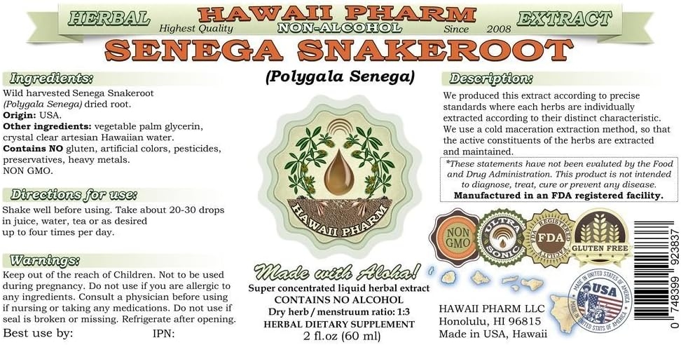 Senega Snakeroot Alcohol-Free Liquid Extract, Senega Snakeroot (Polygala Senega) Dried Root Glycerite Natural Herbal Supplement, Hawaii Pharm, USA 2x2 fl.oz