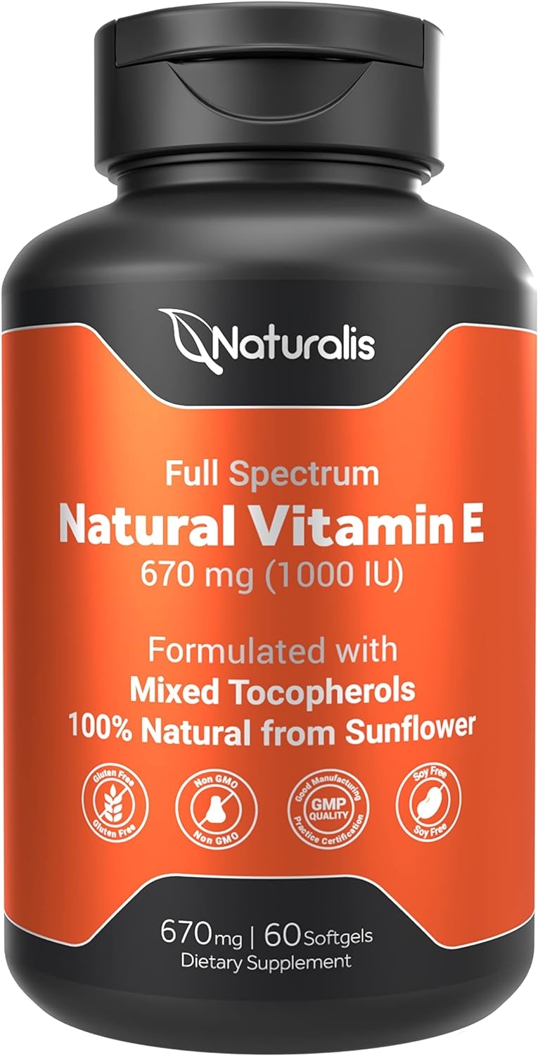 Naturalis Sunflower Vitamin E 670mg (1000 IU) with Mixed Tocopherols | Essential Skin Vitamin & Immune Support | Non-GMO, Soy & Gluten Free | 60 Softgels
