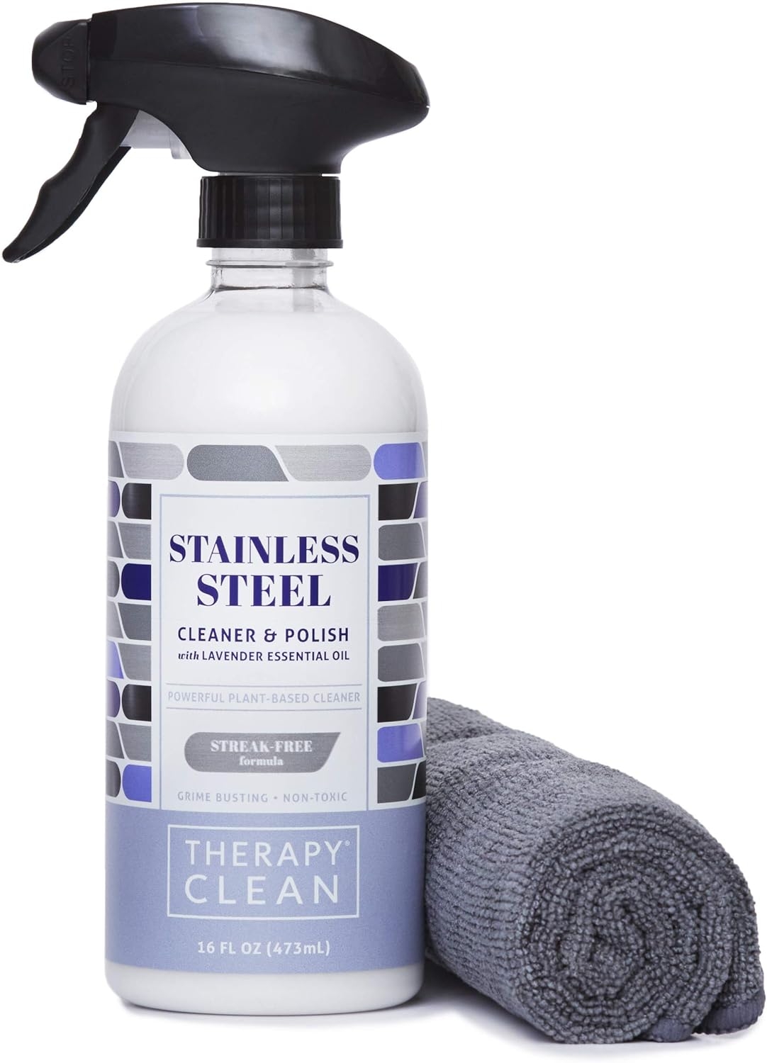 Therapy Stainless Steel Cleaner & Polish - 16 ounces (Microfiber Cloth) - Non-Toxic, Removes Fingerprints, Water Marks and Stains from Appliances - Works on Refrigerators, Dishwashers, Ovens, and Grills