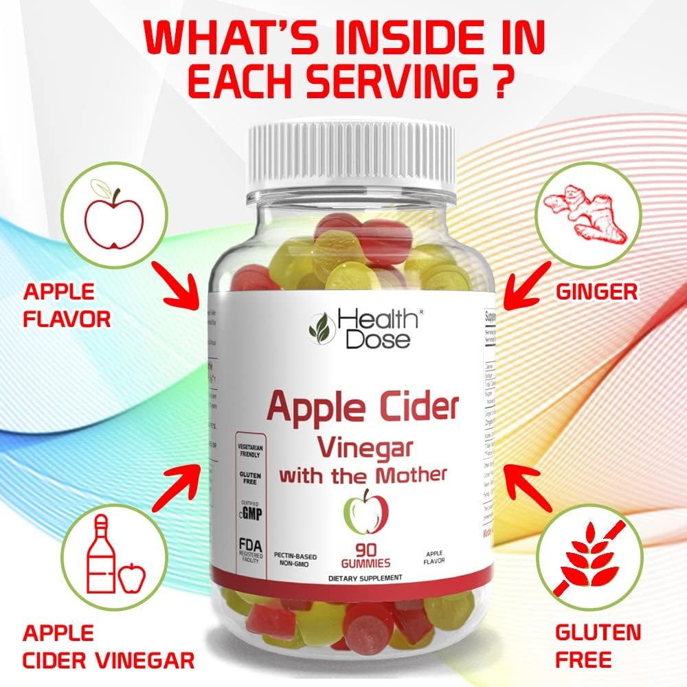 Apple Cider Vinegar Gummy with the Mother by Health Dose 90 Gummies. Energy, Nutrition, Detox and Cleanse, for Women & Men, With Ginger Dry Extract to Support Digestion - Gut, Vegan, Gluten-Free.