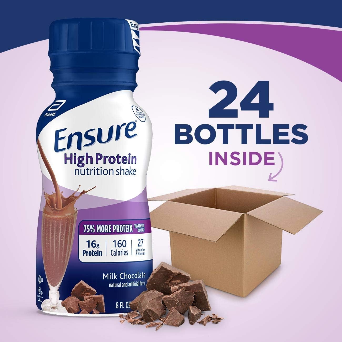 Ensure High Protein Nutritional Shake with 16g of Protein, Ready-to-Drink Meal Replacement Shakes, Low Fat, Milk Chocolate, 8 fl oz, 24 Count