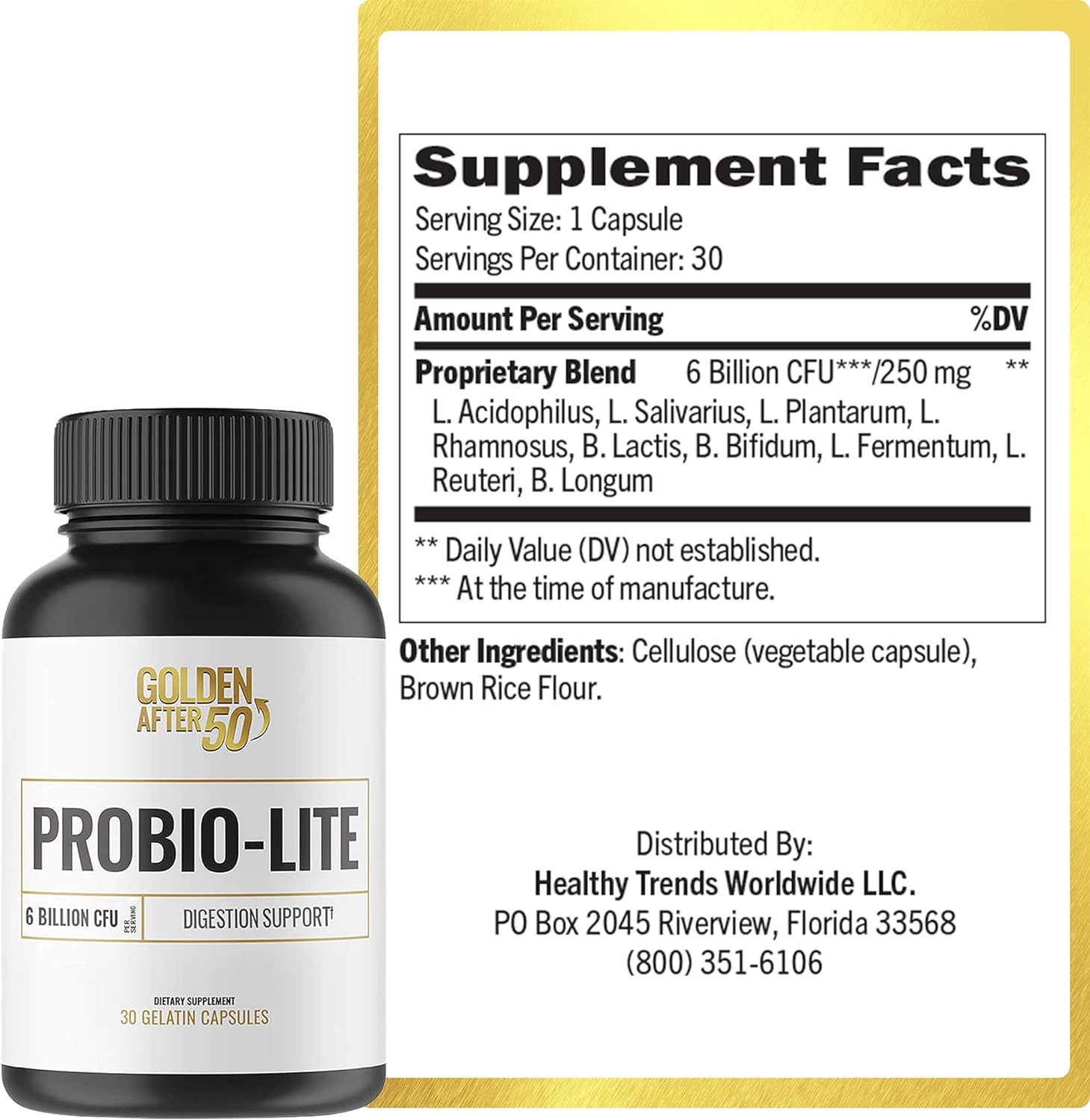 Golden After 50 Probio-Lite - Acid Reflux Relief and Probiotics for Men and Women - 30 Vegetarian Capsules - 6 Billion CFU of Probiotics for Gut Health Support for Heartburn, Gas Relief, Indigestion
