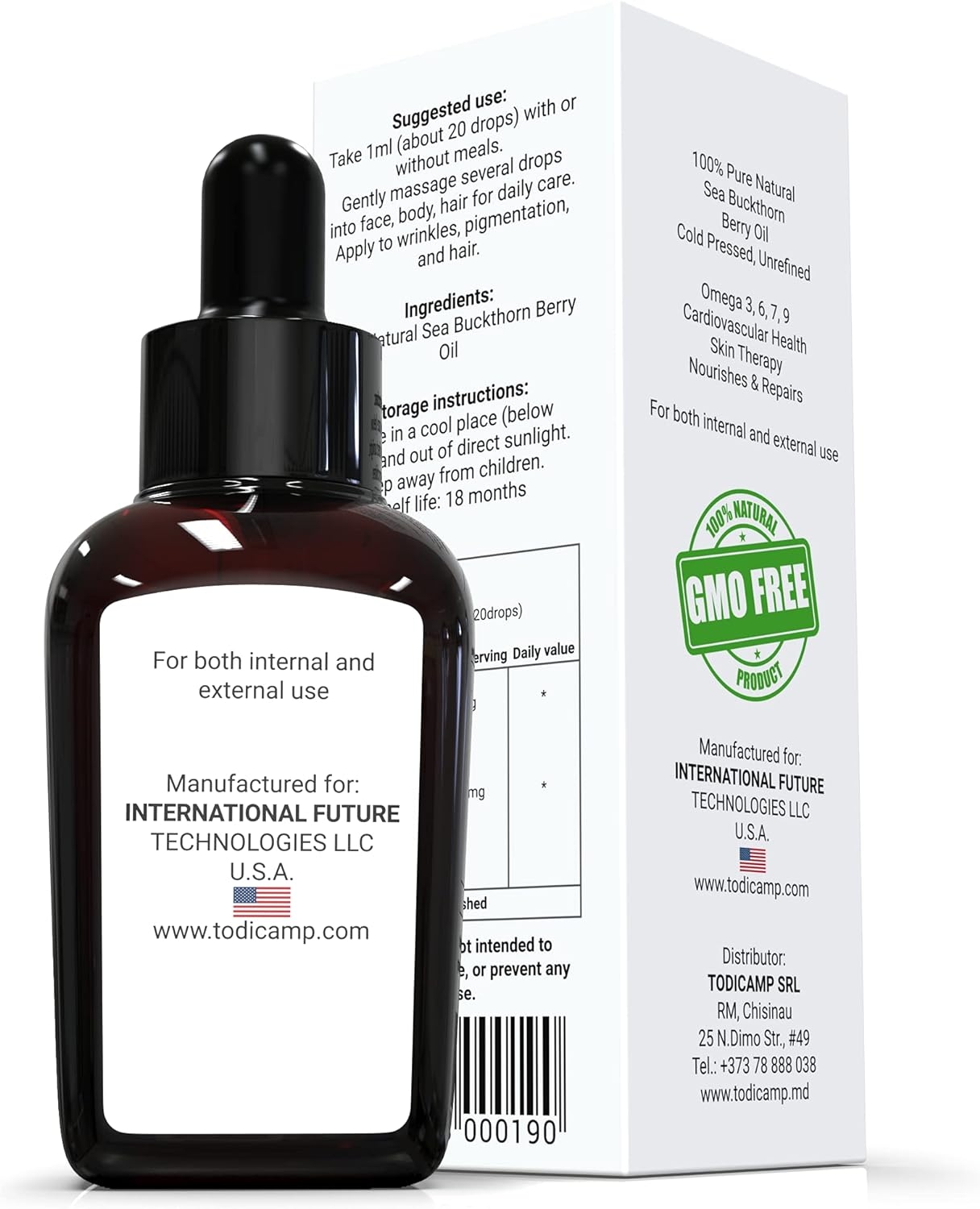Organic Sea Buckthorn Berry Oil by TODICAMP - 100% Pure - USDA Organic Premium Sea Buckthorn Oil - Omega 7 Oil - Vitamins C, A, E, B1, B2, B6 & Amino and Fatty acids - - 1,7 fl oz