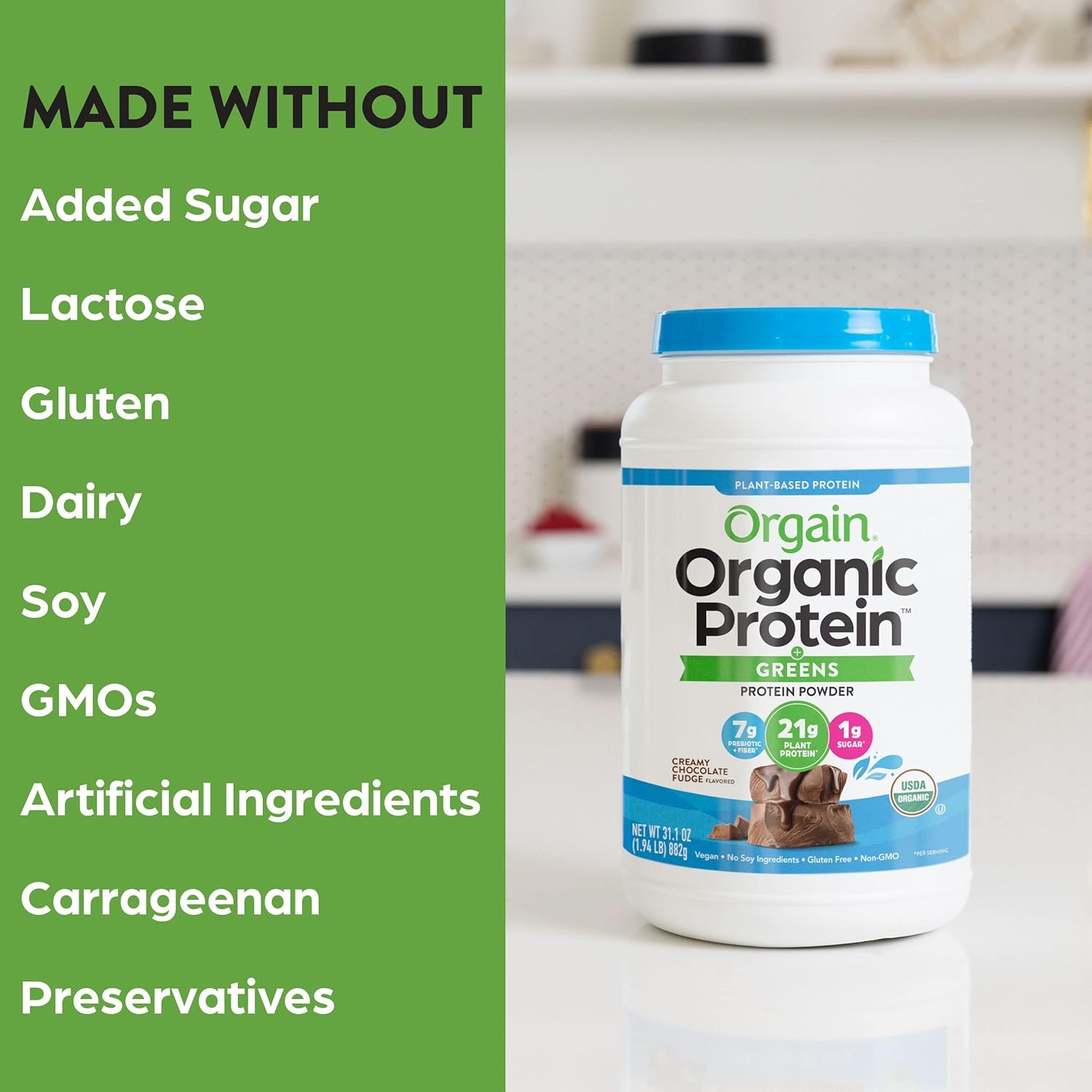 Orgain Organic Protein & Greens Plant Based Protein Powder, Creamy Chocolate Fudge - 21g of Protein, Vegan, Gluten Free, Non-GMO, 1.94 Lb, 1 Count (Packaging May Vary)