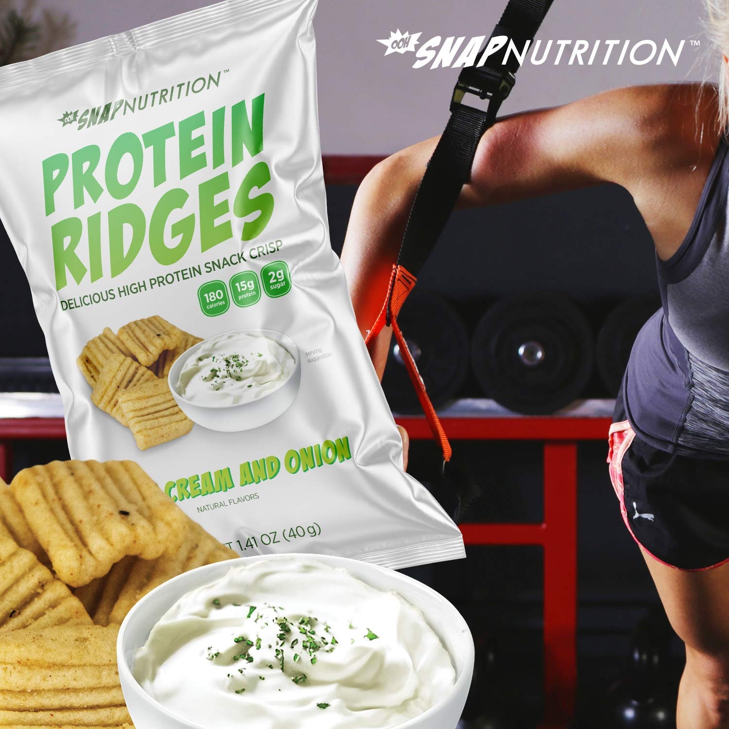 Ooh Snap Nutrition Protein Ridges - Gluten Free and All Natural Whey Protein Chips - Low Calories and Low Sugar Snack - Sour Cream and Onion, 15 Count