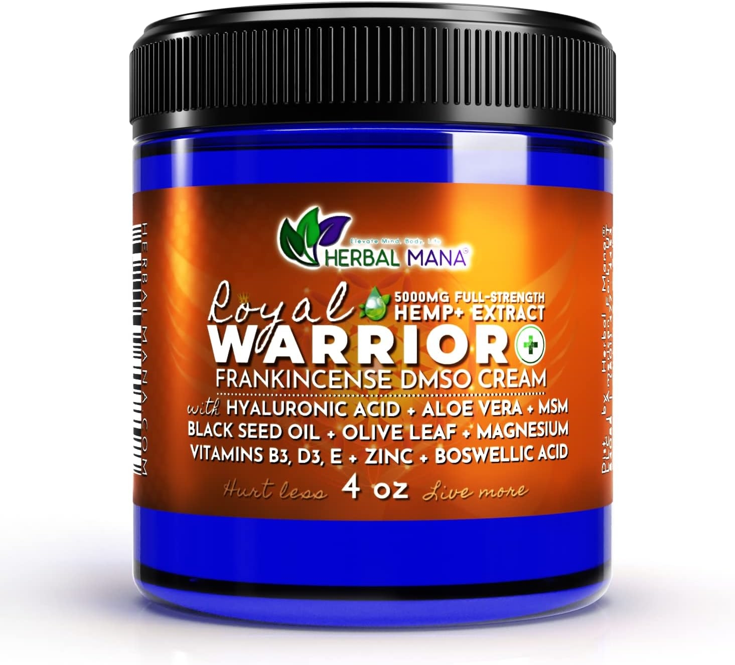 Herbal Mana Royal Warrior | Frankincense DMSO Cream with Hemp (5000mg) | 99.995% Pure Pharma DMSO, Hyaluronic Acid, Black Seed Oil, Organic Aloe Vera, MSM, Magnesium, Zinc + Vitamins B3, D3, E | 4 oz