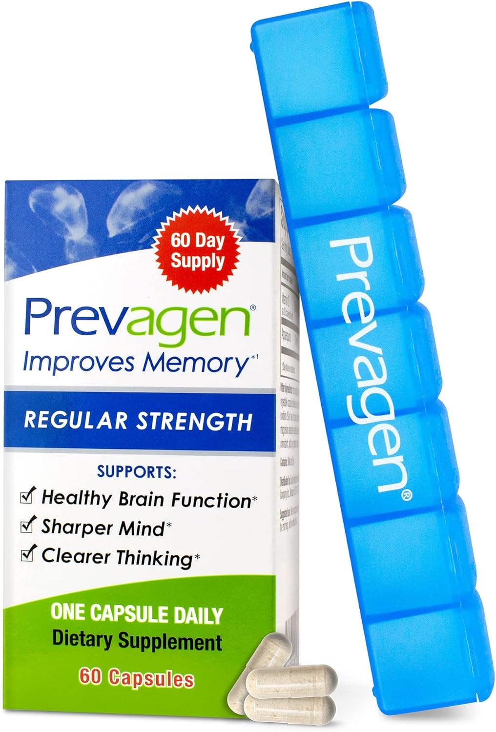 Prevagen Improves Memory - Regular Strength 10mg, 60 Capsules with Apoaequorin & Vitamin D & Prevagen 7-Day Pill Minder | Brain Supplement for Better Brain Health, Supports Healthy Brain Function