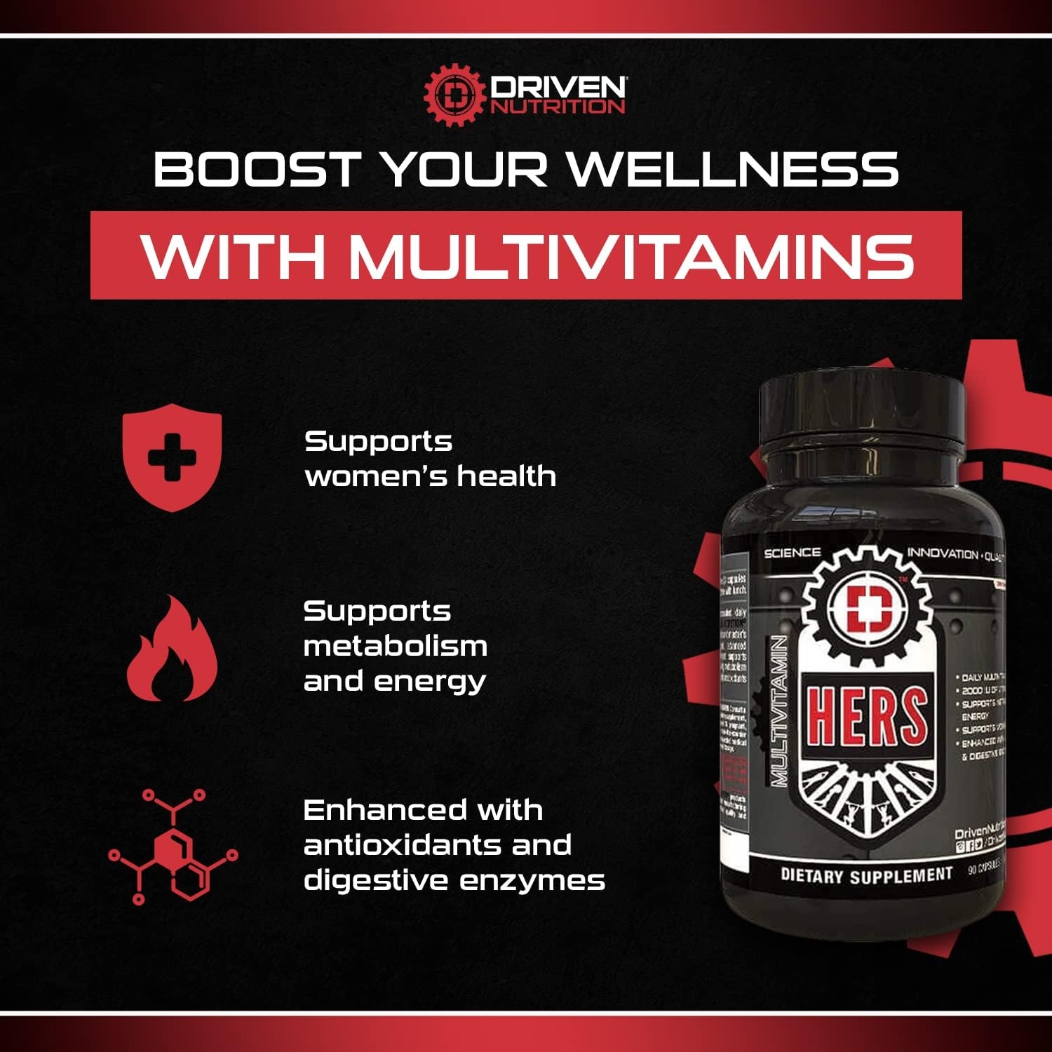 Driven Nutrition Hers Multivitamin, 90 Ct - Women's Blend of Vitamins, Minerals & Nutrients - Energy, Metabolism, Immune Support, Recovery & Brain Function - Vitamin A, E, D, C, Magnesium, Zinc & More