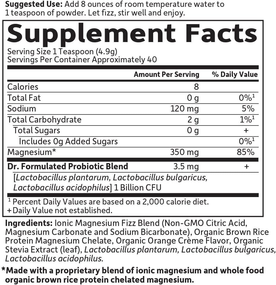 Garden of Life Dr. Formulated Whole Food Magnesium 197.4g Powder Orange,40 Servings(Pack of 1), Non-GMO,Vegan,Gluten & Sugar Free Supplement with Probiotics - Best for Anti-Stress,Calm & Regularity
