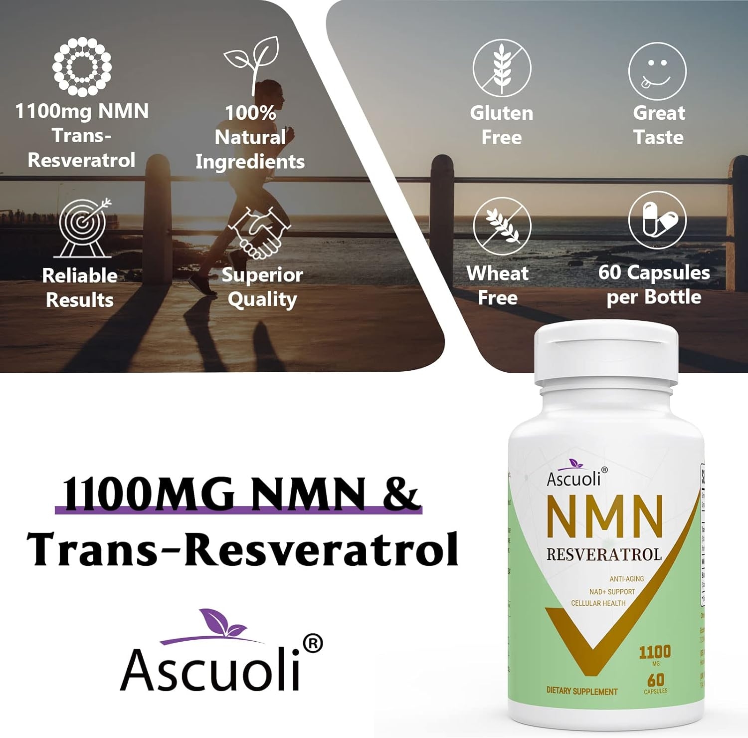 NMN + Trans-Resveratrol 99% Purity 1100mg Supplement, 3-IN -1 Advanced Formula 500mg NMN Nicotinamide Mononucleotide Boost NAD+, Anti-Aging, Powerful Antioxidant, Immune & Energy Support, 60 Capsules