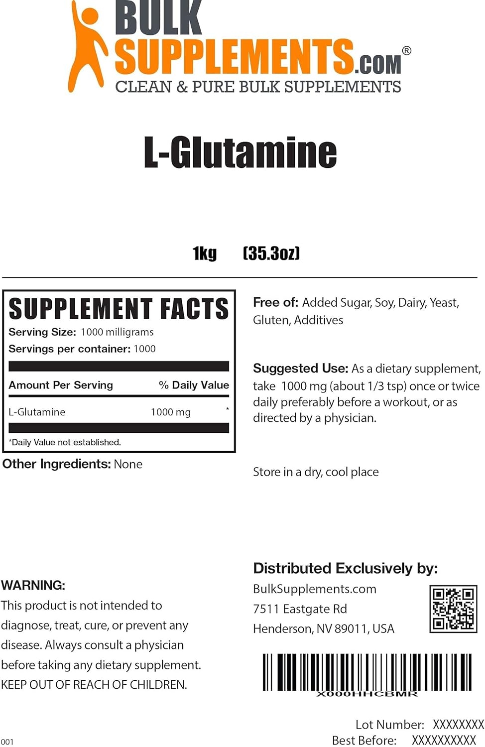 BulkSupplements.com L Glutamine Powder - BCAAs Amino Acids - Amino Pre Workout - BCAA Powder - BCAA Glutamine - BCAA Pre Workout - Recovery Supplements Post Workout (1 Kilogram - 2.2 lbs)