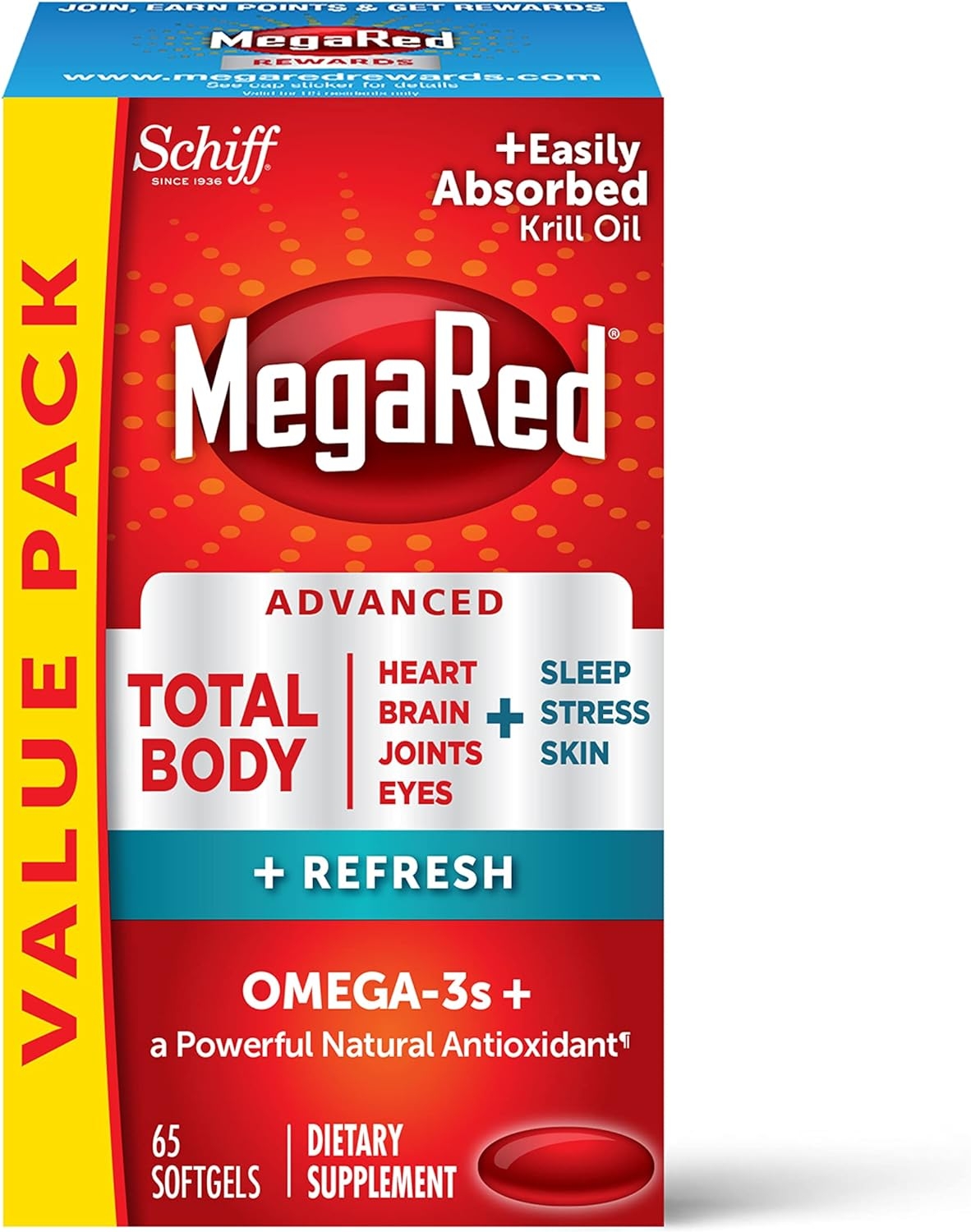 Omega-3 Blend Total Body + Refresh 500mg Softgels, MegaRed (65 count in a bottle), Easily Absorbed Krill Oil, To Support Your Heart, Joints, Brain & Eyes