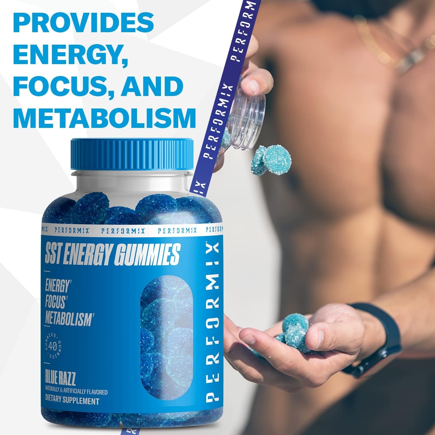 PERFORMIX SST Energy Gummies - Blue Razz, 40 Gummies - Bite-Size Gummy - Energy, Focus, and Metabolism Dietary Supplement - 100mg of Caffeine (for 5 Gummies)