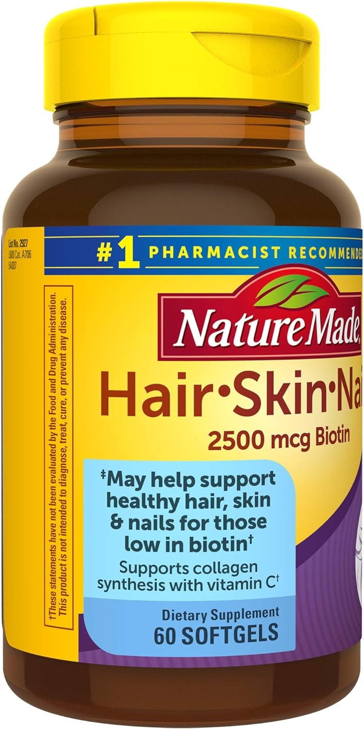 Nature Made Hair Skin and Nails with Biotin 2500 mcg, Dietary Supplement For Healthy Hair Skin and Nails Support, 60 Softgels, 60 Day Supply