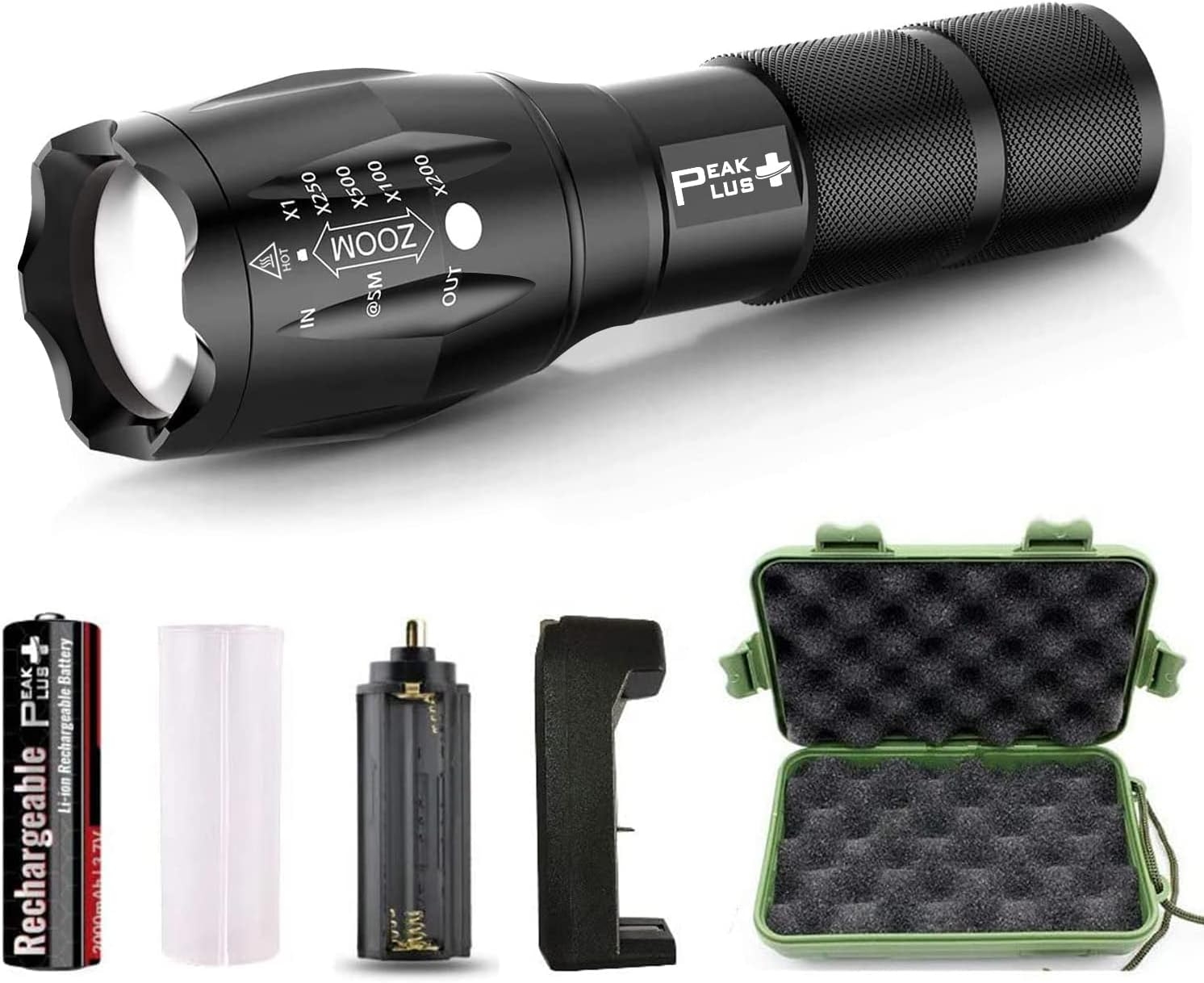 PeakPlus Rechargeable Tactical Flashlight LFX1000 (18650 Battery and Charger Included) - High Lumens LED, Super Bright, Zoomable, 5 Modes, Water Resistant - Best Camping, Emergency Flashlights