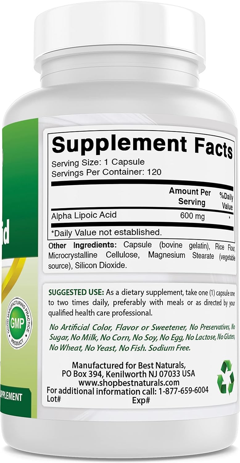 Best Naturals Alpha Liopic Acid 600 mg 120 Count - ALA Alpha Lipoic Acid Powerful Antioxidant