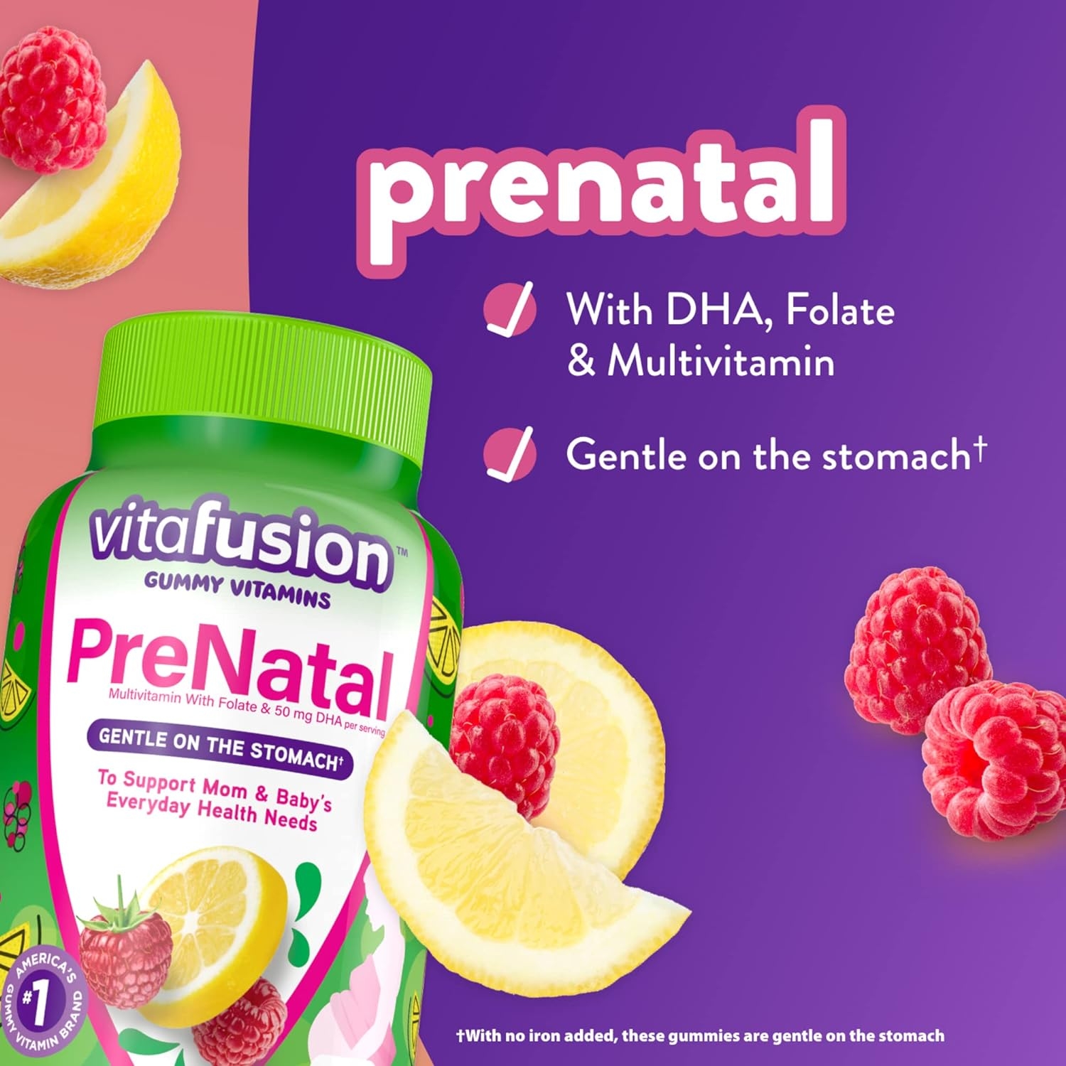 vitafusion PreNatal Gummy Vitamins, Lemon & Raspberry Lemonade Flavored Pregnancy Vitamins for Women, 90 Count