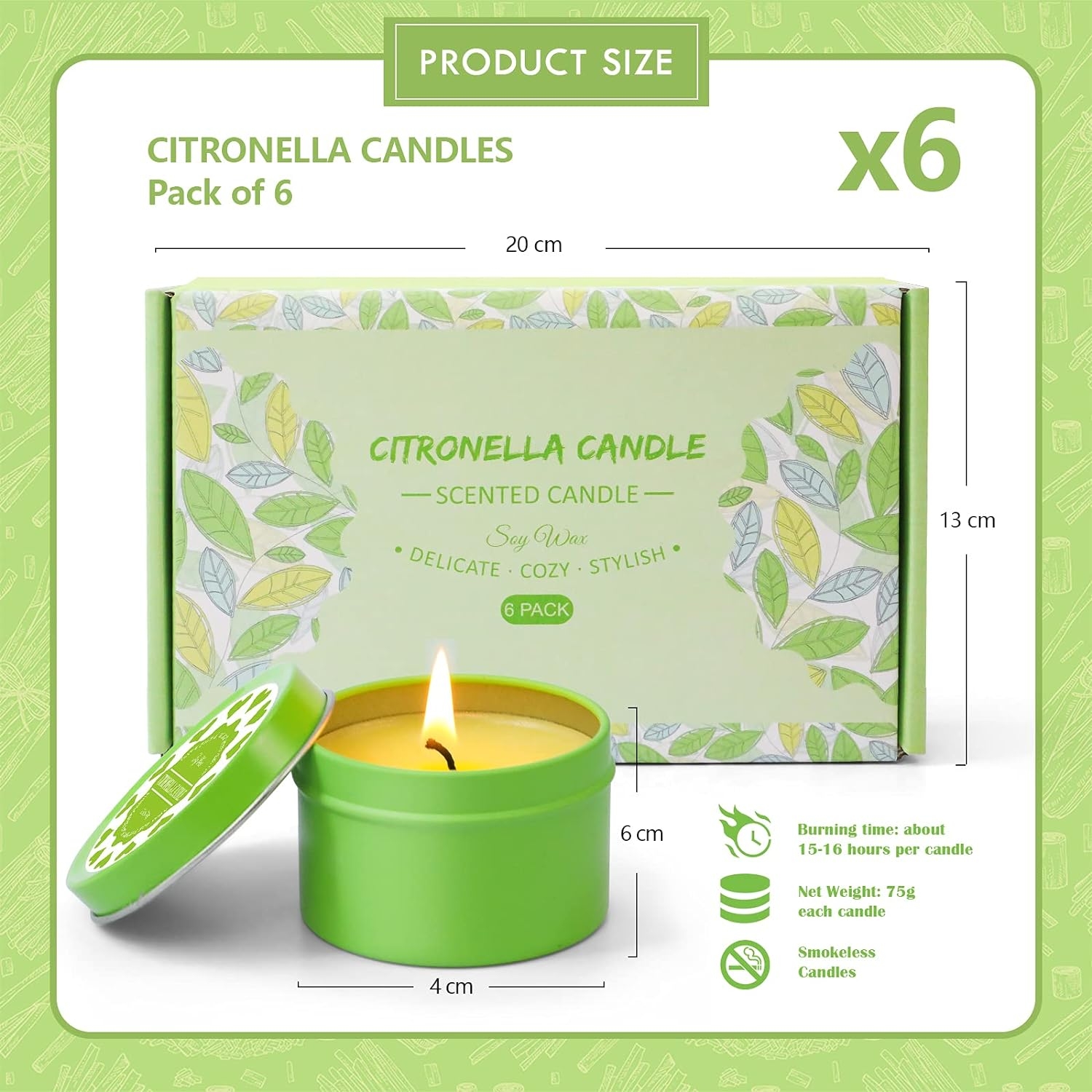 STRN Citronella Candles Outdoor, Scented Candles Lemongrass, Soy Wax Candles, Citronella Oil Candles, Summer Aromatherapy Candles for Indoor/Outdoor Use (6 Pack)