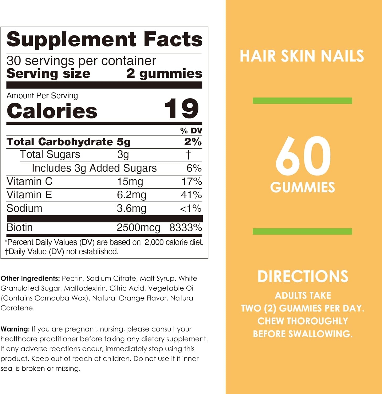 Nature's Key Biotin Gummies with Vitamin C and E, Support Hair Nails Growth & Beautiful Skin for Women Men and Kids, Vegan, Orange Flavors 60 Count