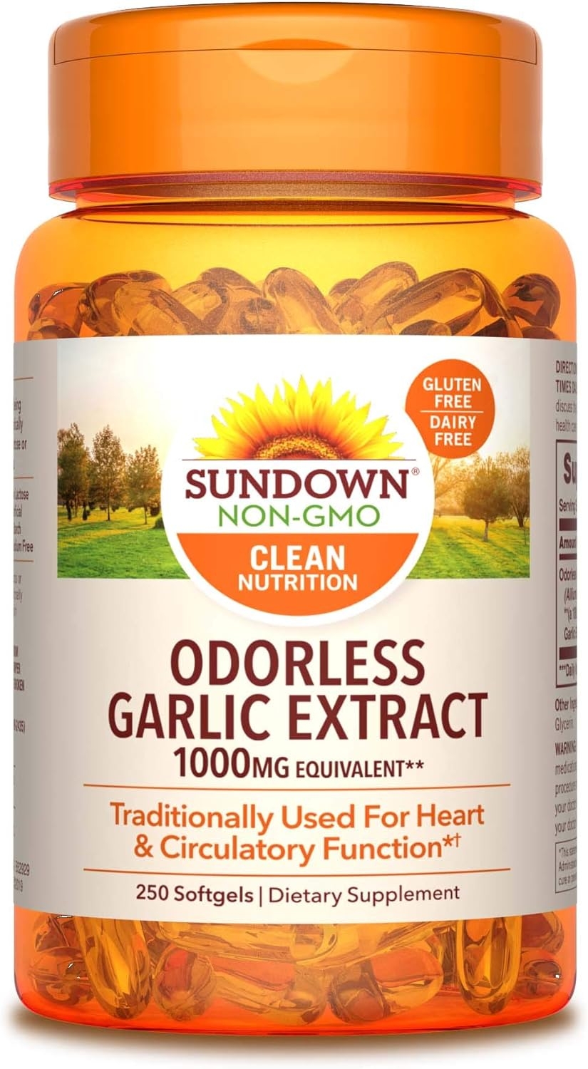 Sundown Garlic 1000 mg, 250 Odorless Softgels (Packaging May Vary) Non-GMOˆ, Free of Gluten, Dairy, Artificial Flavors