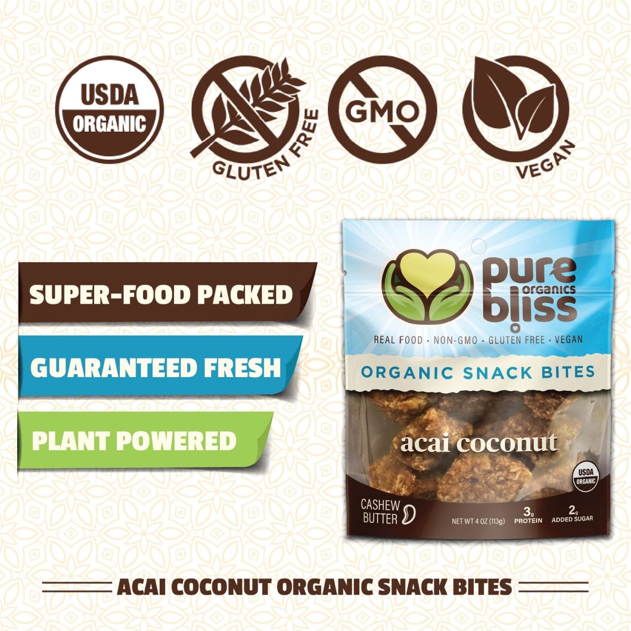 Organic Super Food Energy Bites - Acai Coconut - Non-GMO, Gluten Free, Vegan, Whole Food Healthy Snack Bites, Dairy Free, Soy Free Pure Bliss Organics: Acai Coconut Cashew Butter (3 pack - 4oz each)