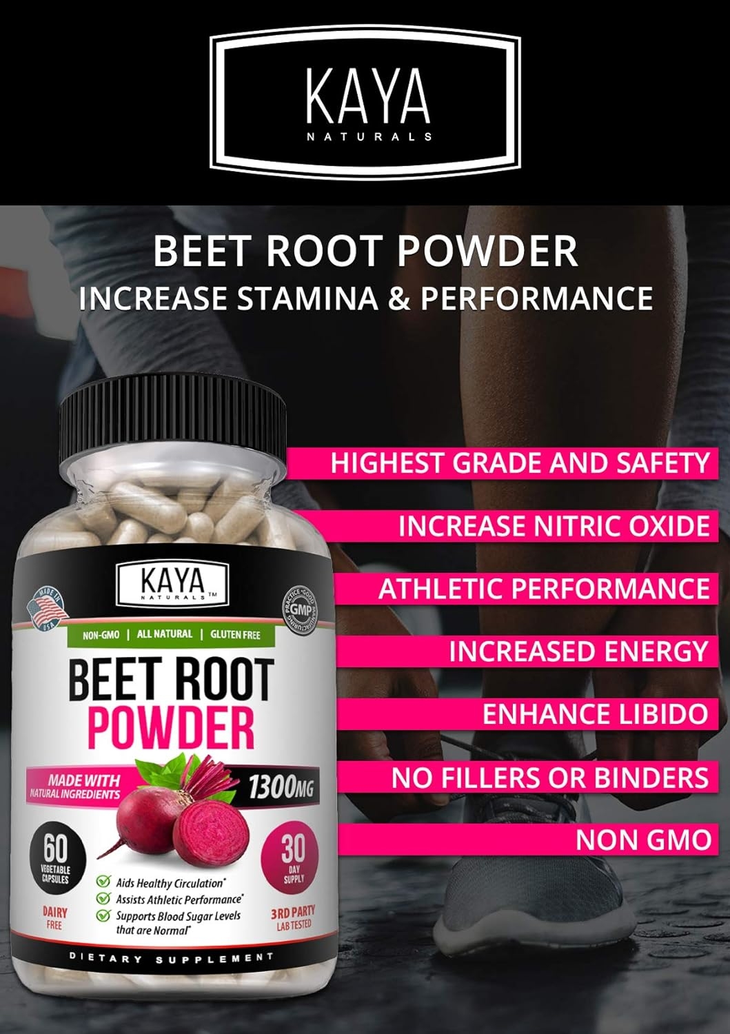 Kaya Naturals Organic Beet Root Powder 1300mg Per Serving 60 Veggie Capsules Supports Athletic Performance Aids in Healthy Circulation