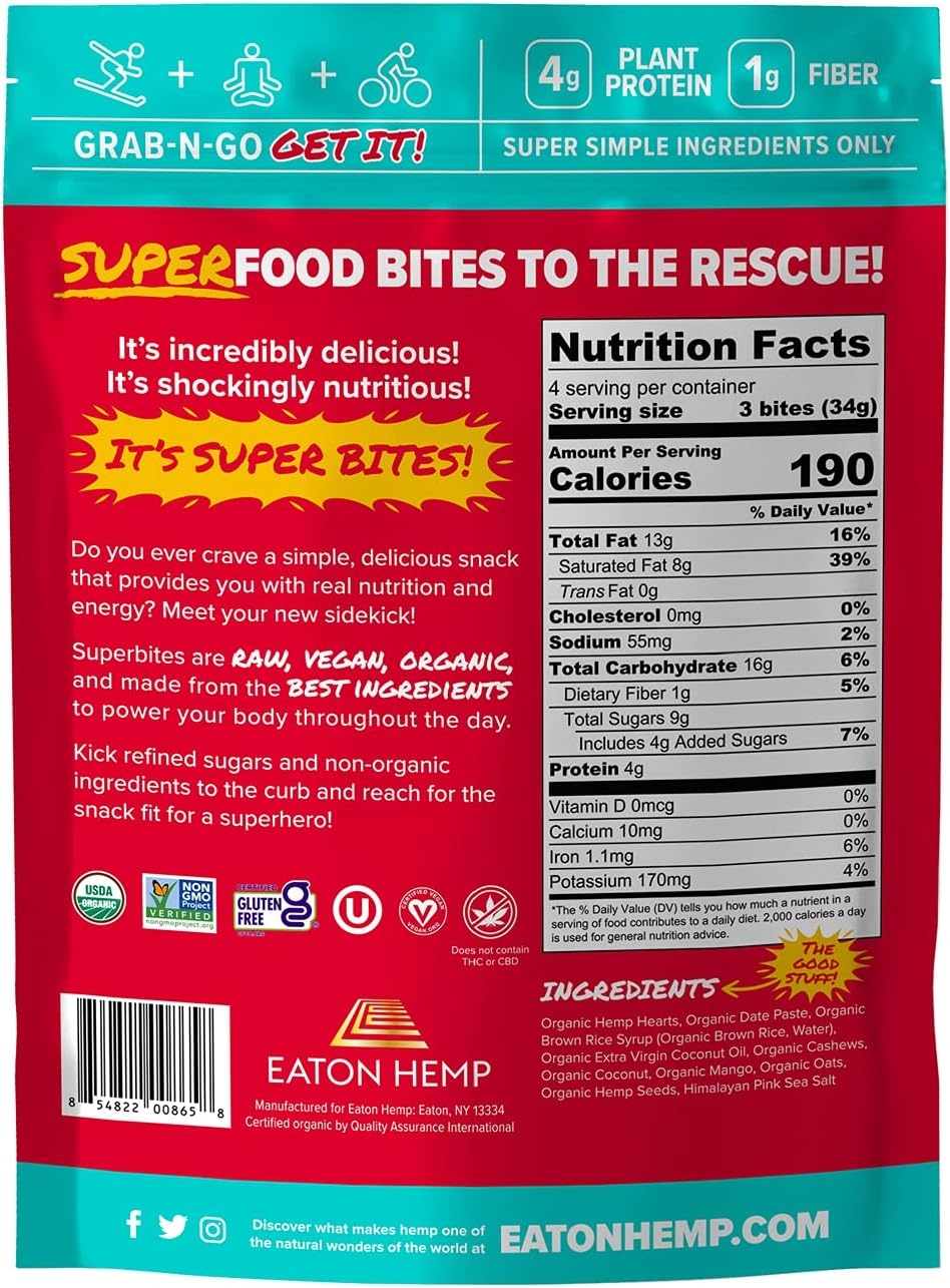 Eaton Hemp Organic Superfood Bites, Tropical Daydream, 4.8oz (12 Bites per Package), Vegan, USDA Certified Organic, Gluten-Free, Raw, Kosher, Superfood Packed, Non-GMO