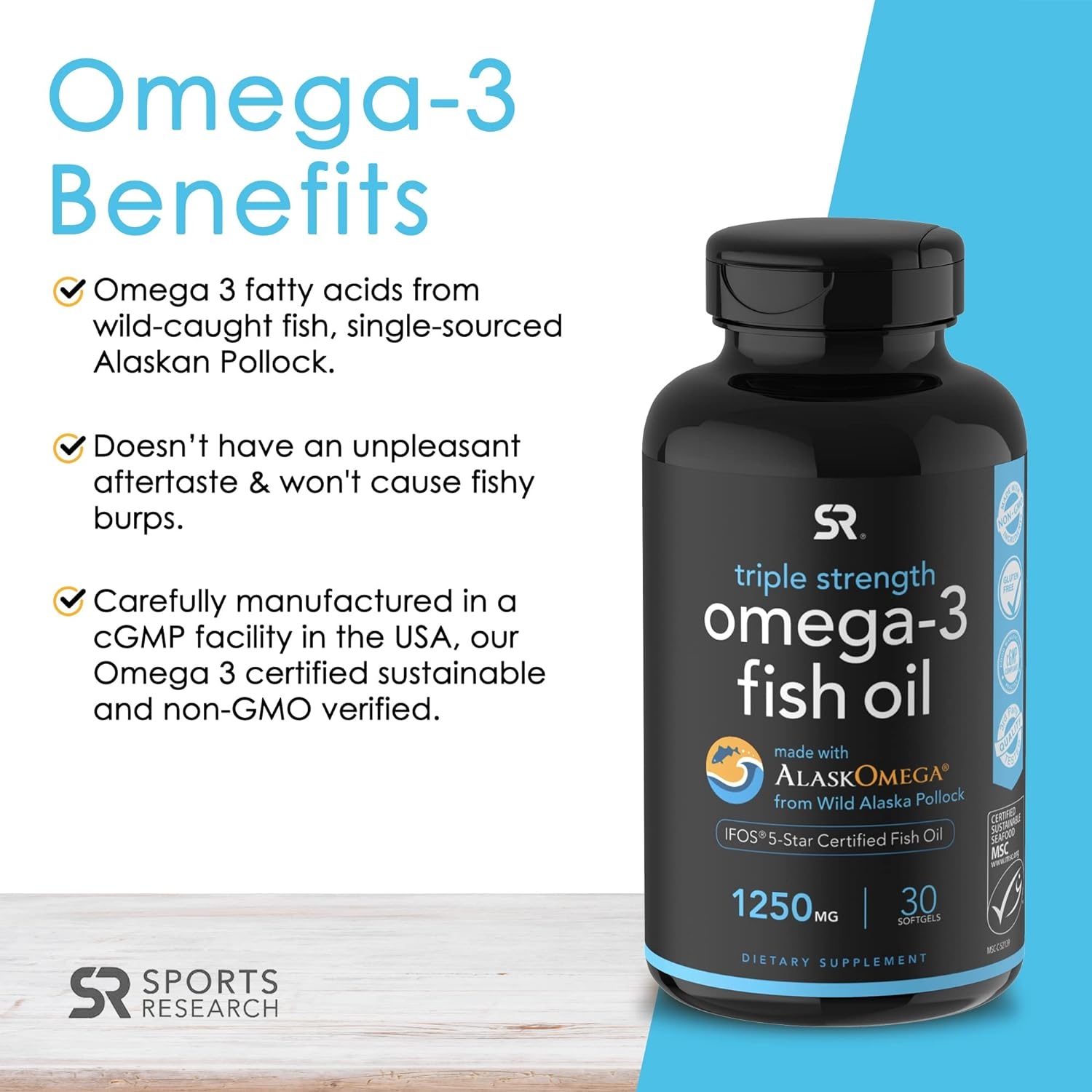 Sports Research Triple Strength Omega 3 Fish Oil Supplement - EPA & DHA Fatty Acids from Wild Alaskan Pollock - Heart, Brain & Immune Support for Adults, Men & Women - 1250 mg Capsules (30 ct)