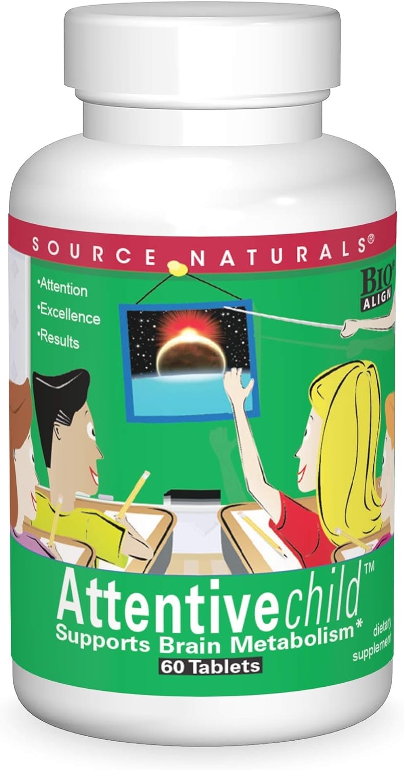 Source Naturals Attentive Child - Healthy Cognitive Nutrients for Active Children - Improved Focus & Attention with DMAE, Magnesium, Zinc & Grape Seed Extract - 60 Tablets
