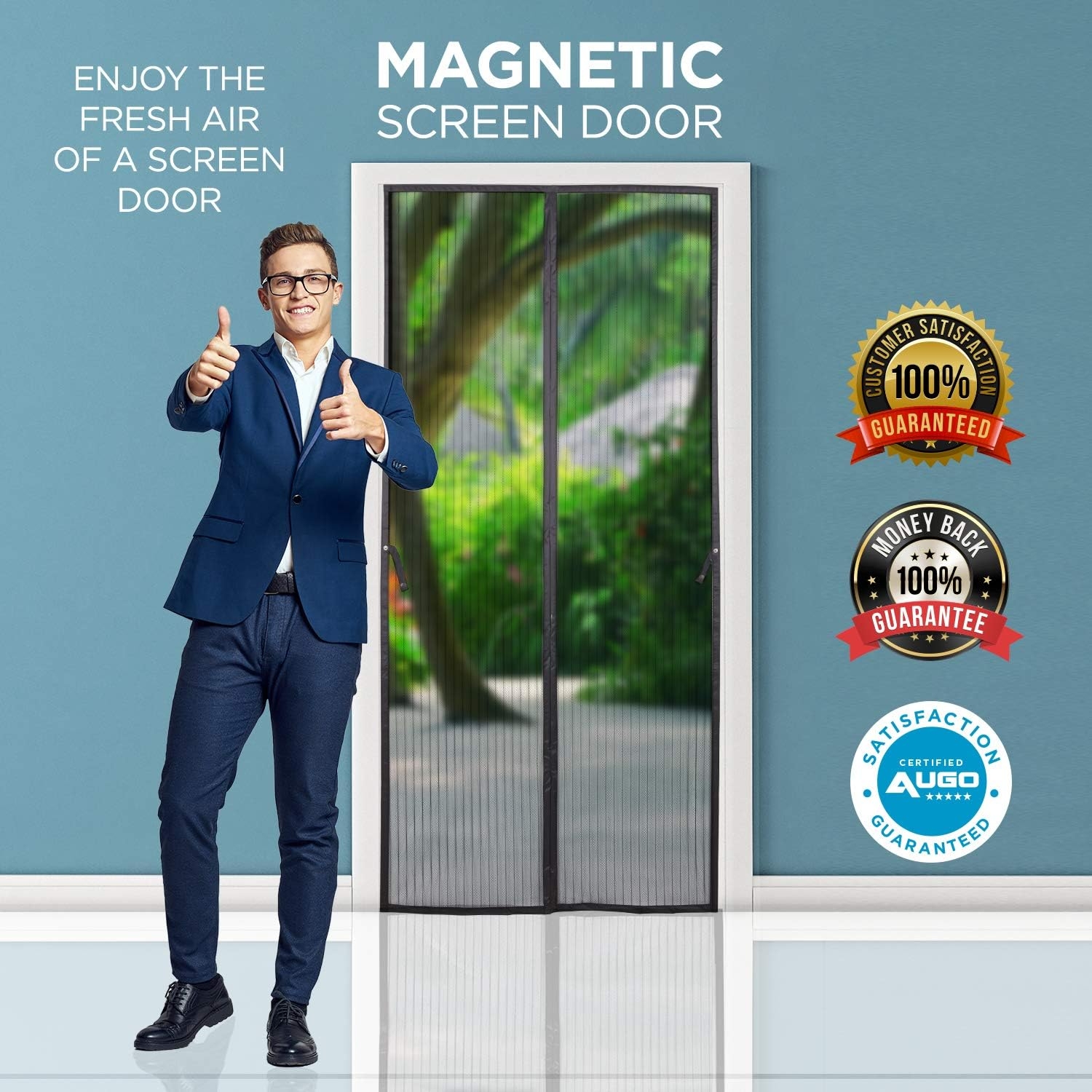 Magnetic Screen Door - Self Sealing, Heavy Duty, Hands Free Mesh Partition Keeps Bugs Out - Pet and Kid Friendly - Patent Pending Keep Open Feature - 38" x 83" - by Augo