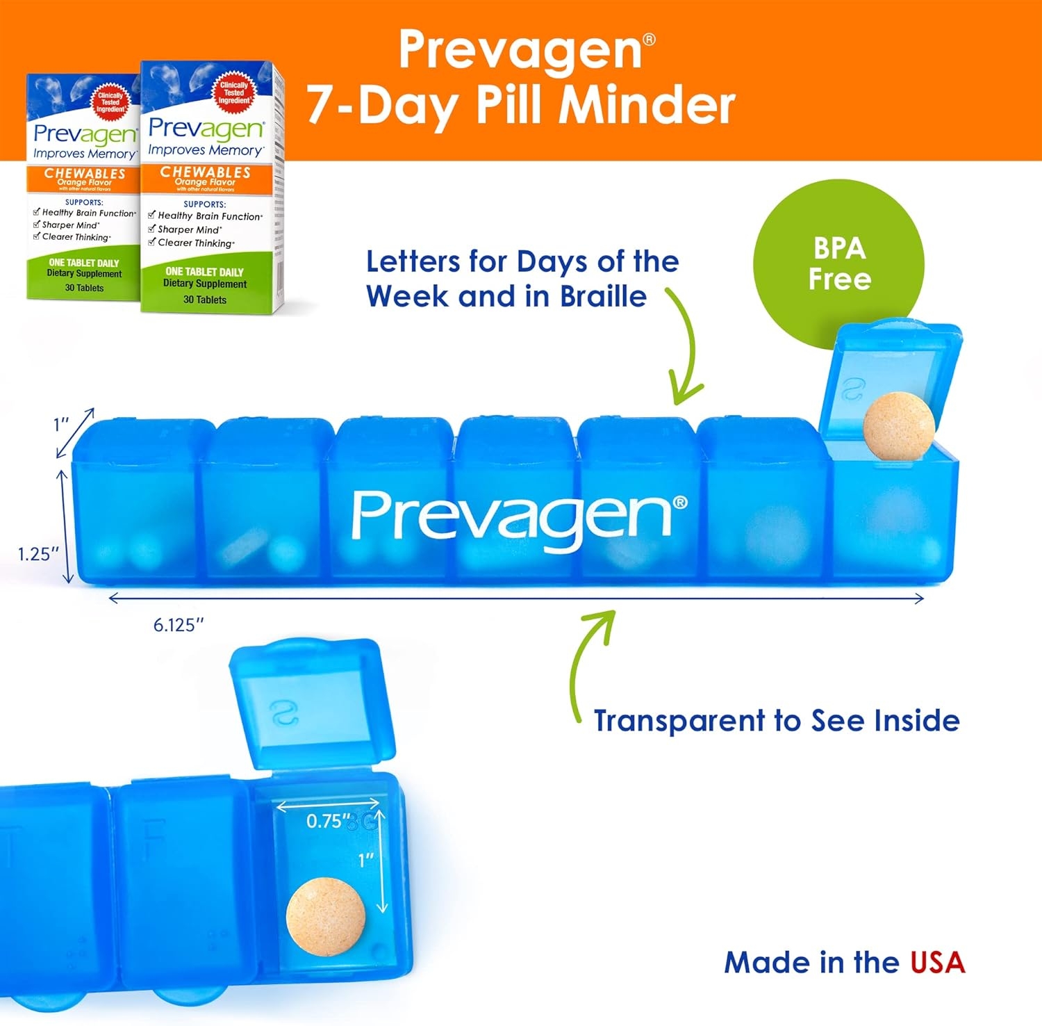 Prevagen Improves Memory - Regular Strength 10mg, 30 Chewables |Orange - 2 Pack| with Apoaequorin & Vitamin D & Prevagen 7-Day Pill Minder | Brain Supplement for Better Brain Health