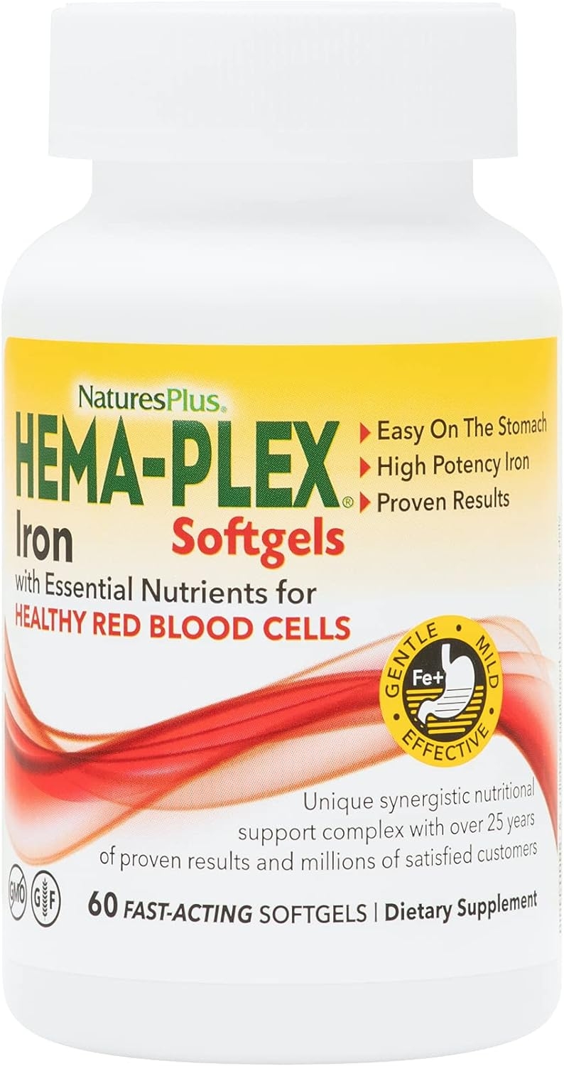 NaturesPlus Hema-Plex Iron - 60 Fast-Acting Softgels - 85 mg Elemental Iron + Vitamin C & Bioflavonoids for Healthy Red Blood Cells - Vegan, Gluten Free - 20 Servings