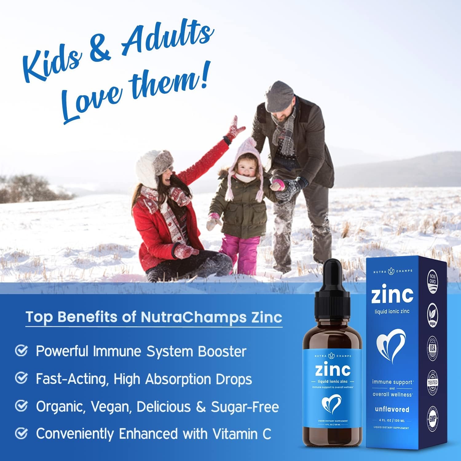 Liquid Zinc for Kids & Adults | Vegan, Organic Pure Ionic Zinc Drops Enhanced with Vitamin C | Elemental Zinc Supplements for Immune Support | Sugar-Free Organic Zinc Liquid 4 oz