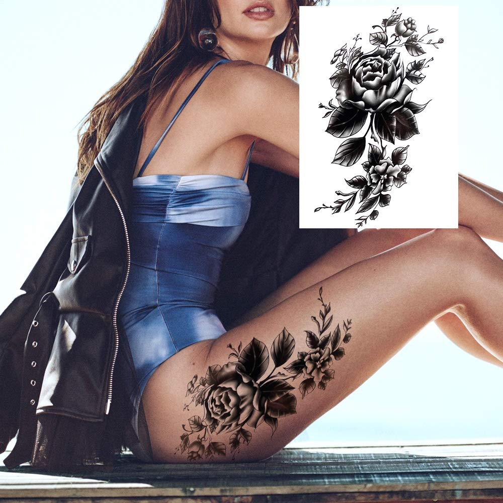 11 Sheets NEZAR Sexy Big Rose Flower Full Arm Temporary Tattoos For Women Compass Clock Fake Tattoo Sticker Long Large Temporary Tattoo Sleeves Tribal Waterproof Twisted Chain Temp Tatoo Paper Skull