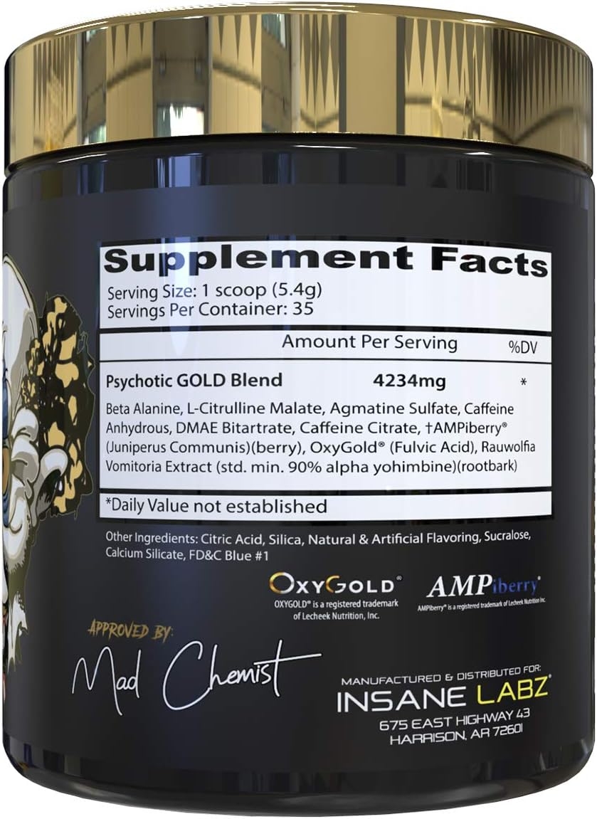 Insane Labz Psychotic Gold, High Stimulant Pre Workout Powder, Extreme Lasting Energy, Focus, Pumps and Endurance with Beta Alanine, DMAE Bitartrate, Citrulline, NO Booster, 35 Srvgs, Blue Punch
