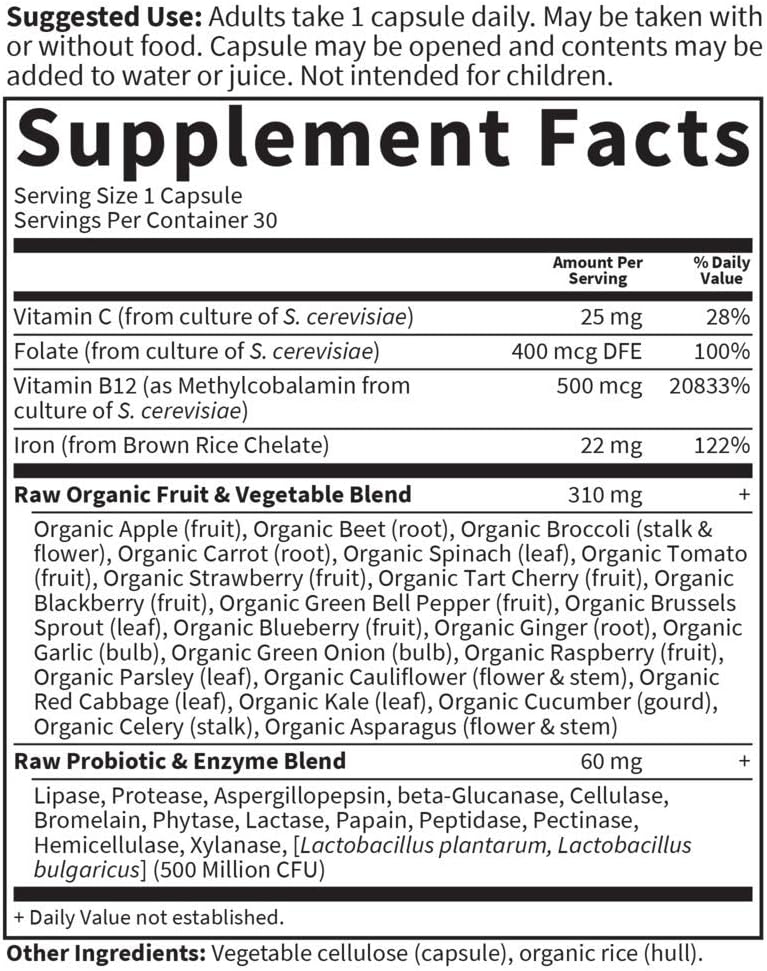 Garden of Life Vitamin Code Raw Iron Supplement - 30 Vegan Capsules, 22mg Once Daily Iron, Vitamins C, B12, Folate, Fruit, Veggies & Probiotics, Iron Supplements for Women, Energy & Anemia Support