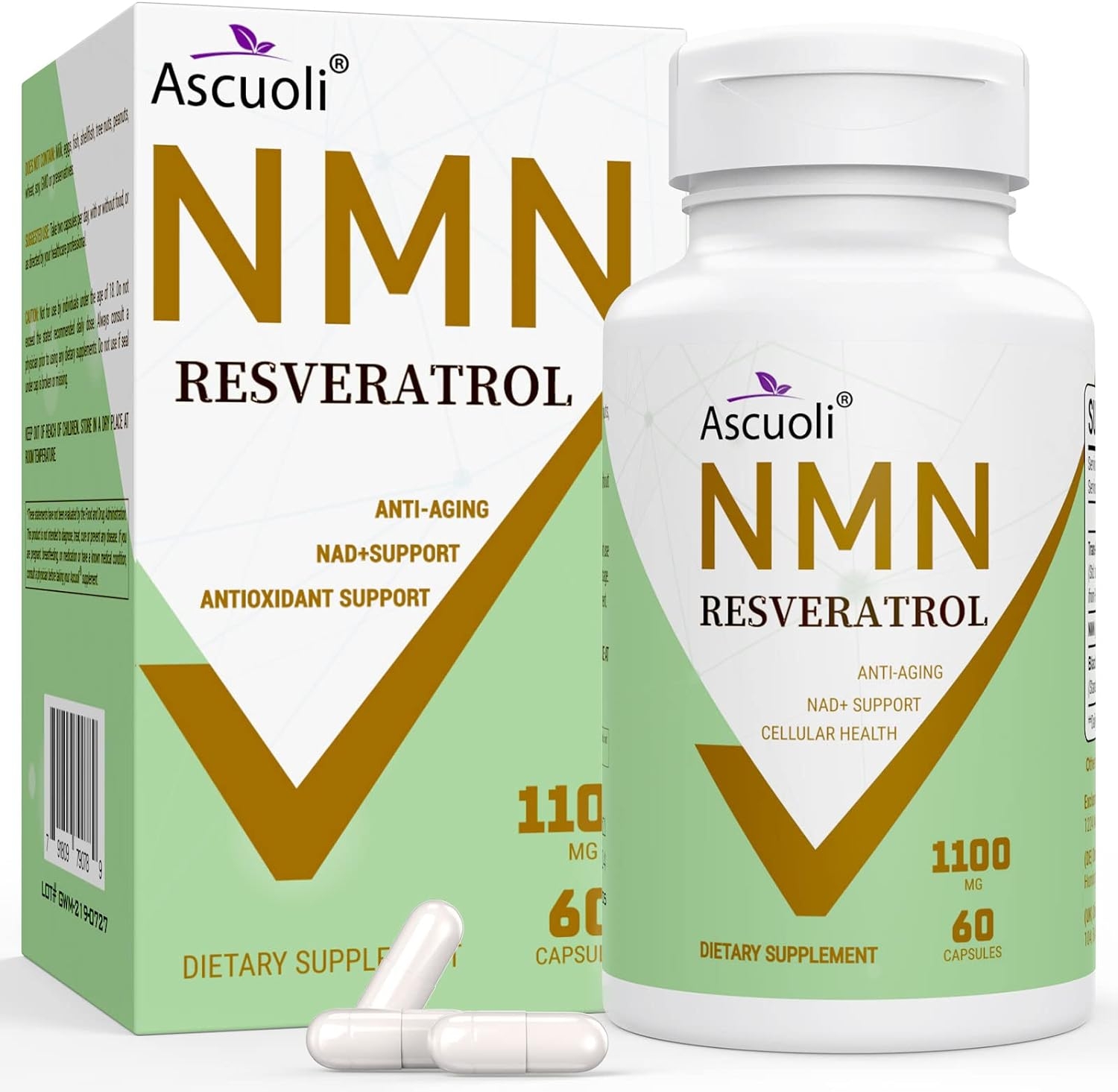 NMN + Trans-Resveratrol 99% Purity 1100mg Supplement, 3-IN -1 Advanced Formula 500mg NMN Nicotinamide Mononucleotide Boost NAD+, Anti-Aging, Powerful Antioxidant, Immune & Energy Support, 60 Capsules