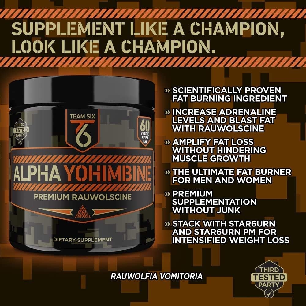 Team Six Supplements Alpha Yohimbine – Proven Yohimbe Bark Fat Burner, Weight Loss Pills That Work Fast - 3rd Party Tested for Purity and Potency, 60 veggie capsules