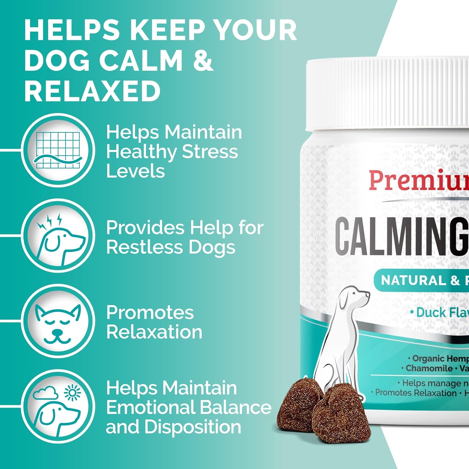 PREMIUM CARE Calming Treats for Dogs - Made in USA - Aids Stress, Anxiety, Storms, Barking, Separation and More - Organic Kelp + Valerian Root Soft Chews - 120 Count Dog Calming Treats