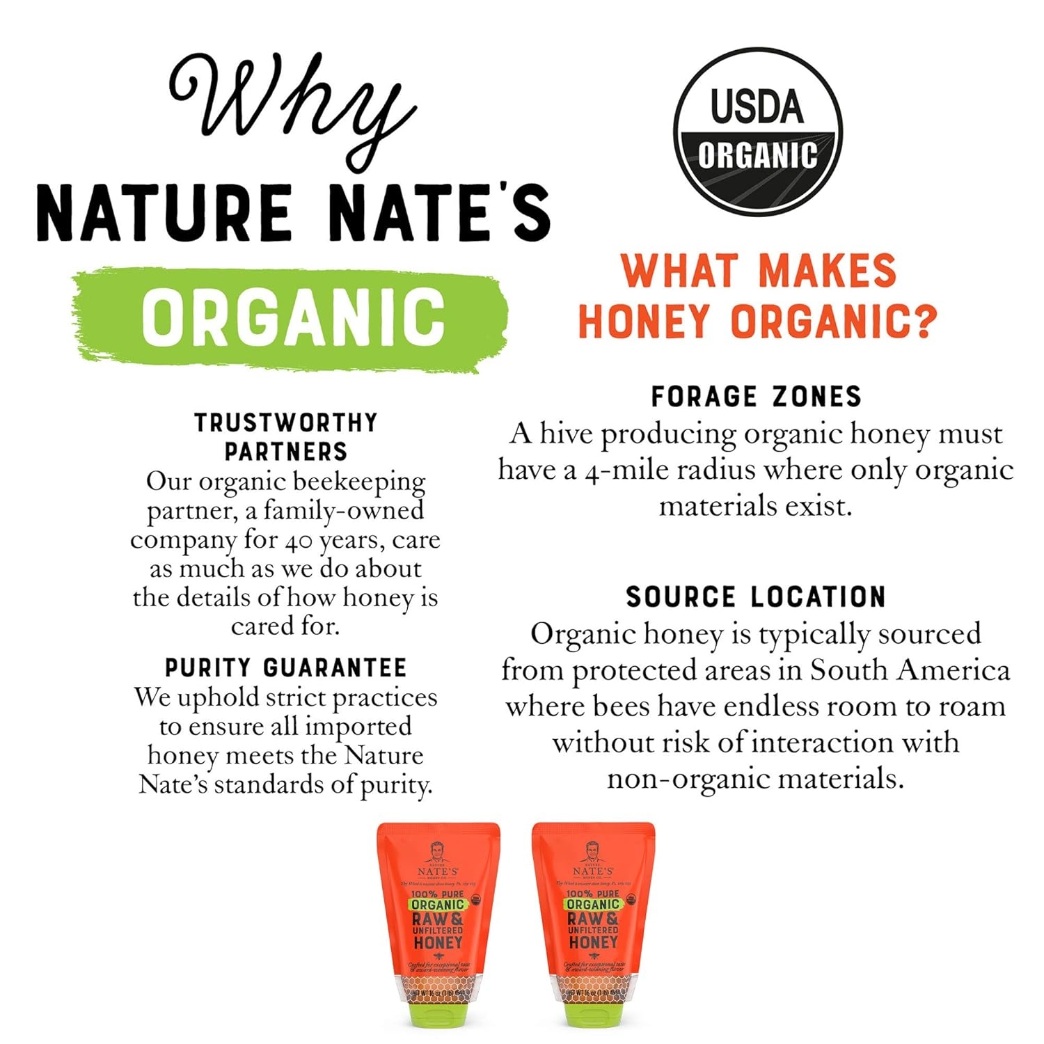 Nature Nate's 100% Pure USDA Organic Raw & Unfiltered Honey, Two 16 oz. No-Drip Sustainable Squeeze Pouches; Purity Guarantee, No Additives