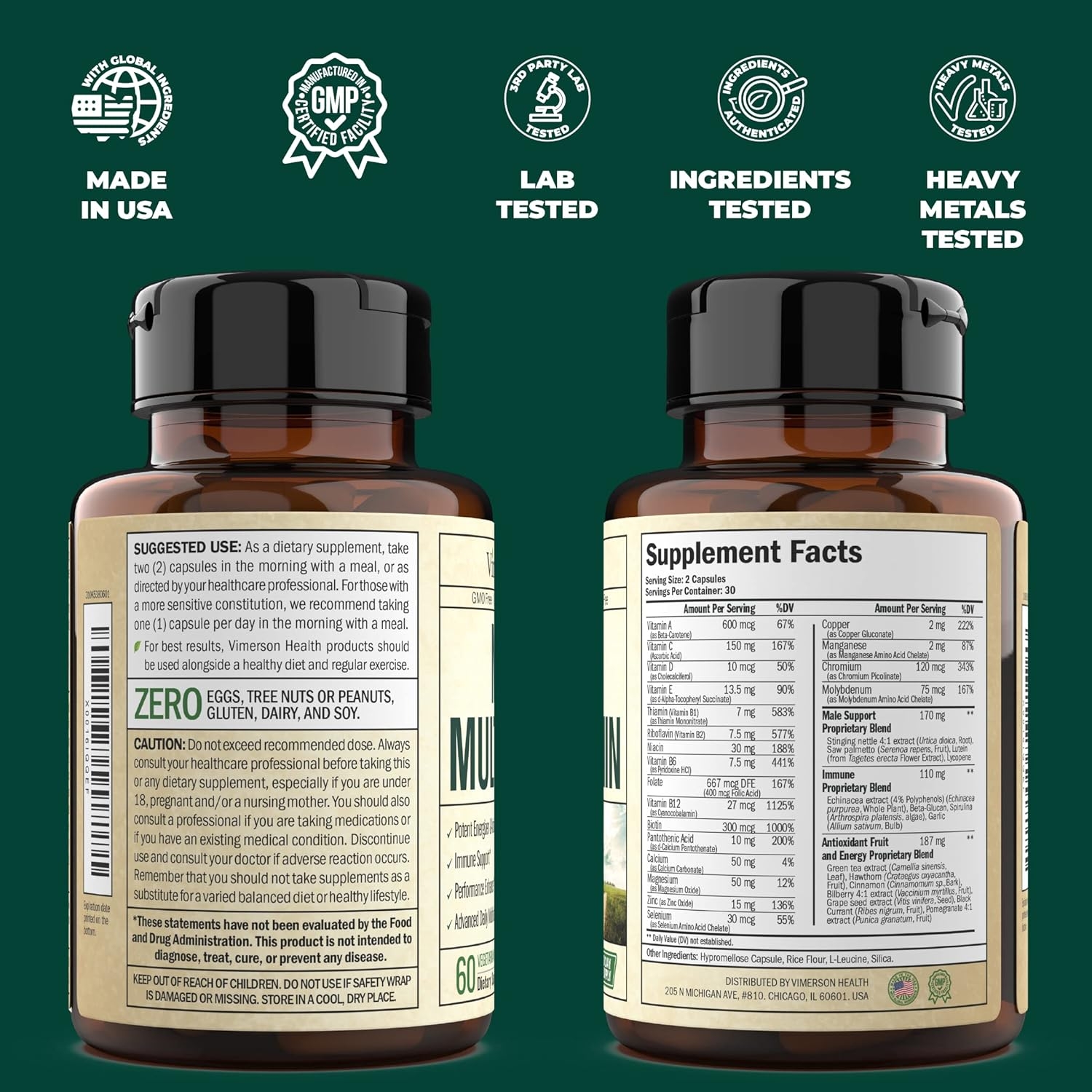 Men's Daily Multimineral Multivitamin Supplement - Vitamins A, C, E, D, B1, B2, B3, B5, B6, B12. Magnesium, Biotin, Spirulina, Zinc. Complete Immune Support with Antioxidant Properties. 60 Capsules